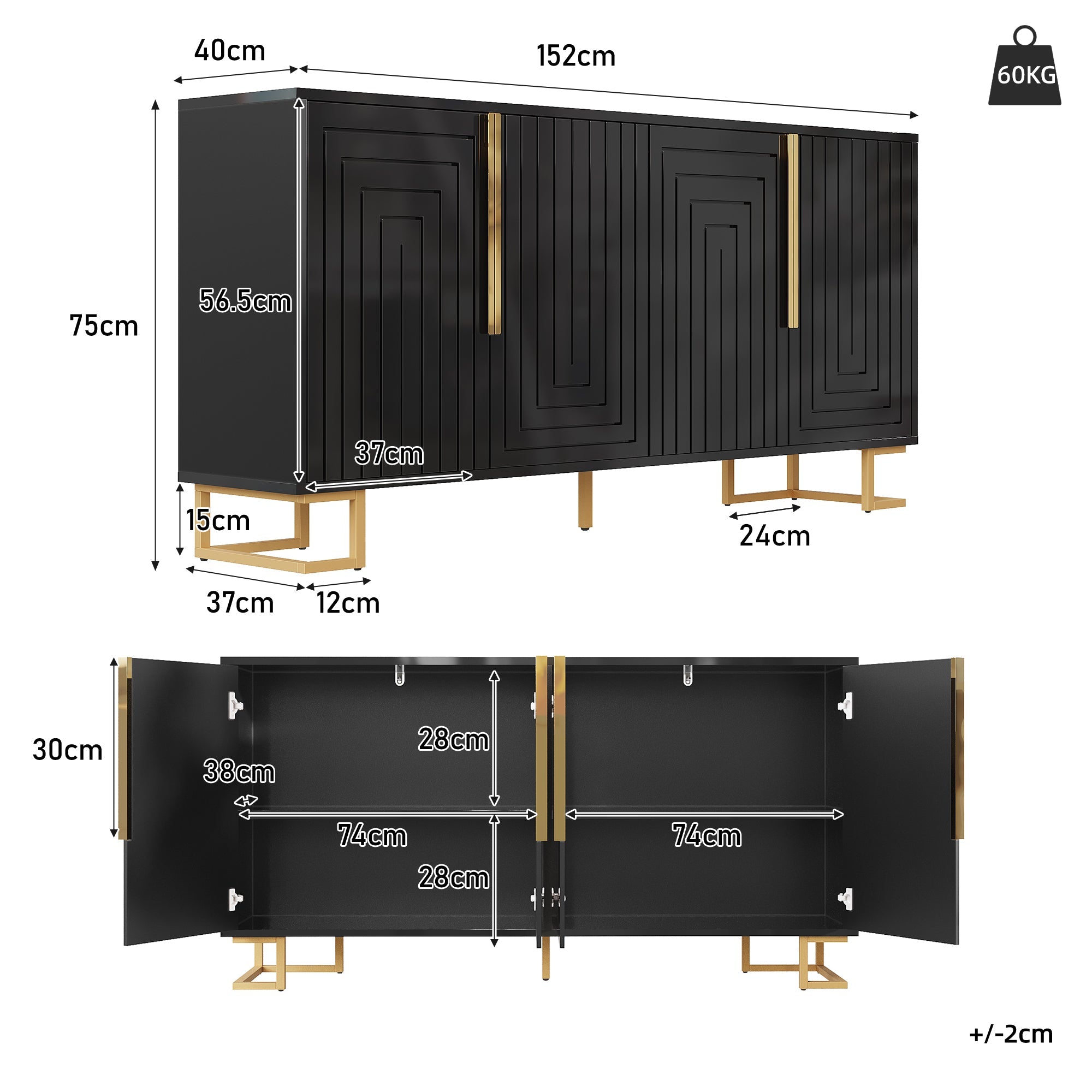 Sideboard with Geometric Design and Gold Accents, 152 x 40 x 75 cm, Black