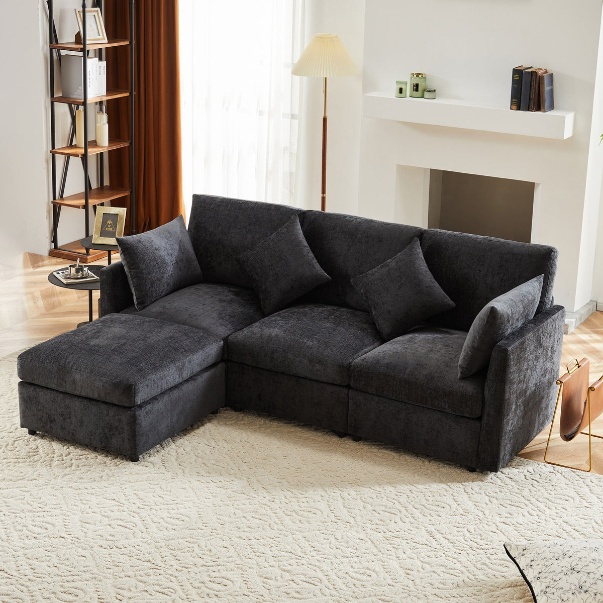 L-Shaped Corner Sofa Set with Footstool Modern Design Chenille Fabric
