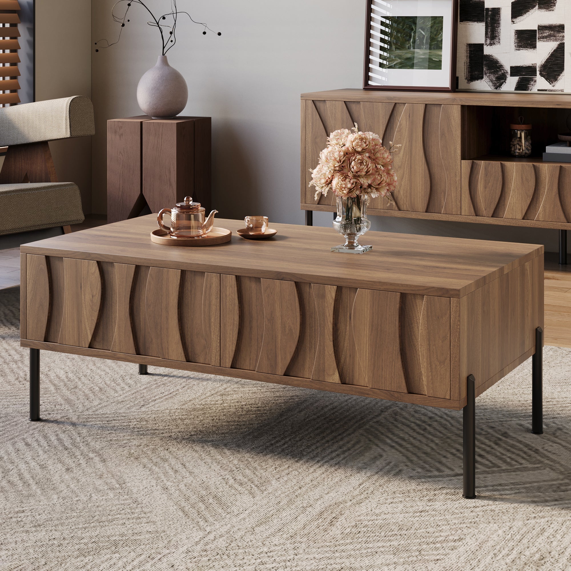 Coffee Table and TV Stand Combination, Wave Pattern Storage Set, Solid Wood
