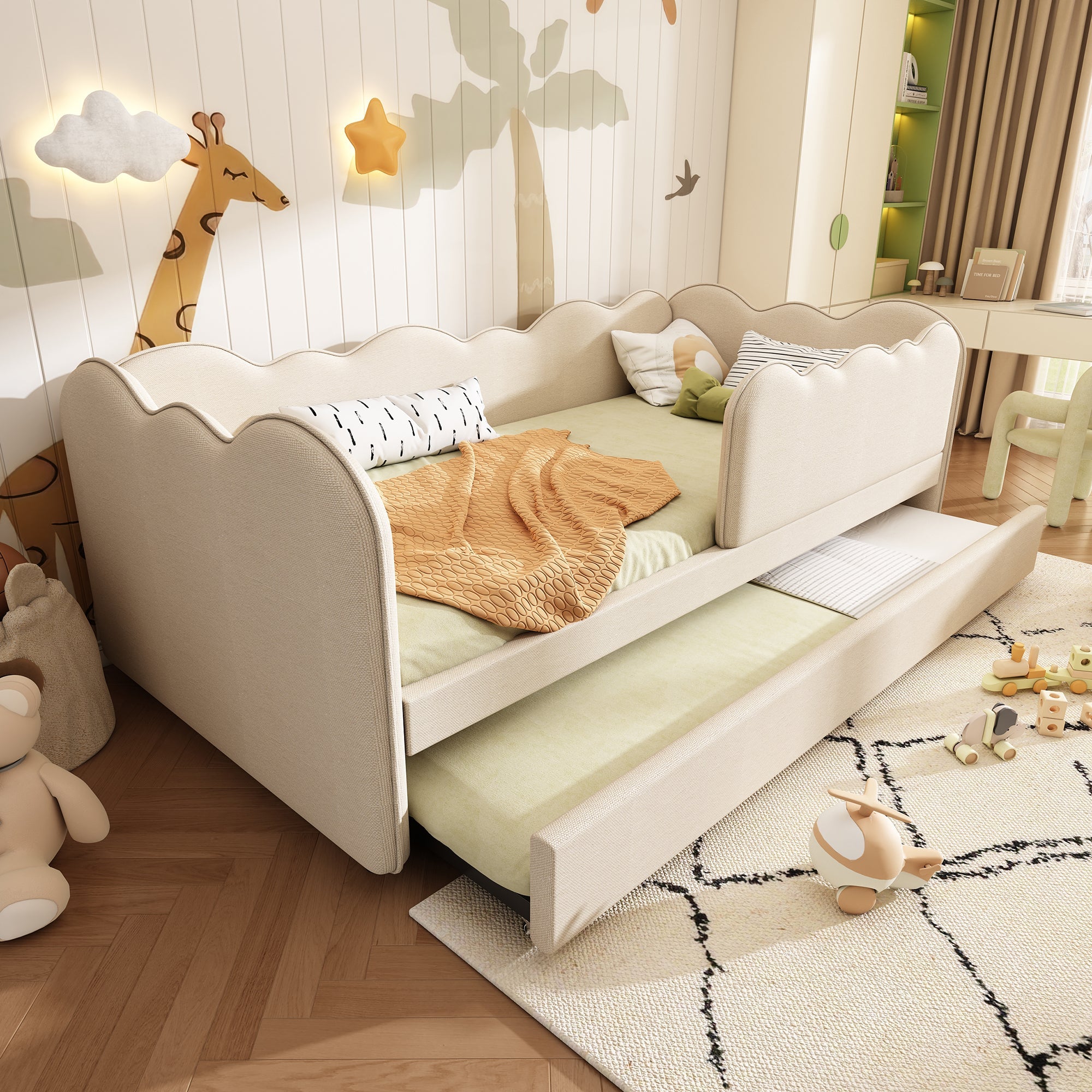 Upholstered Daybed with Pull-Out Trundle, 3FT Single Sofa Bed for Adults & Children, Linen Beige