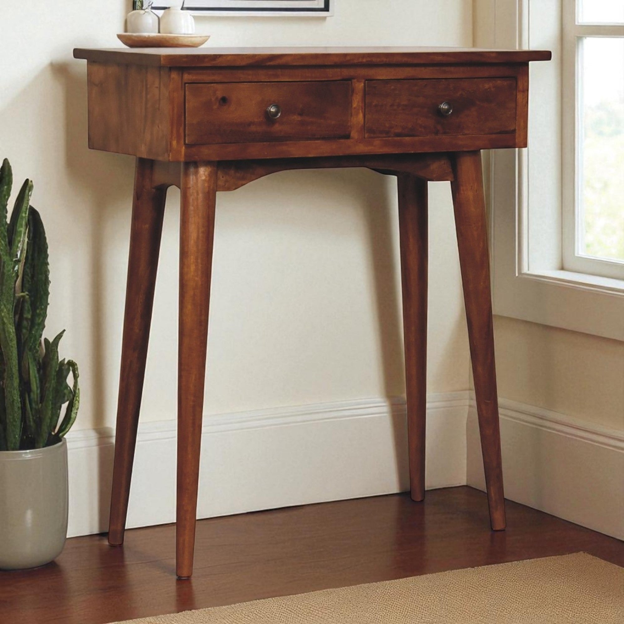 Solid Wood Mini Hallway Console, 2 Drawers, Nordic Legs, Chestnut Brown