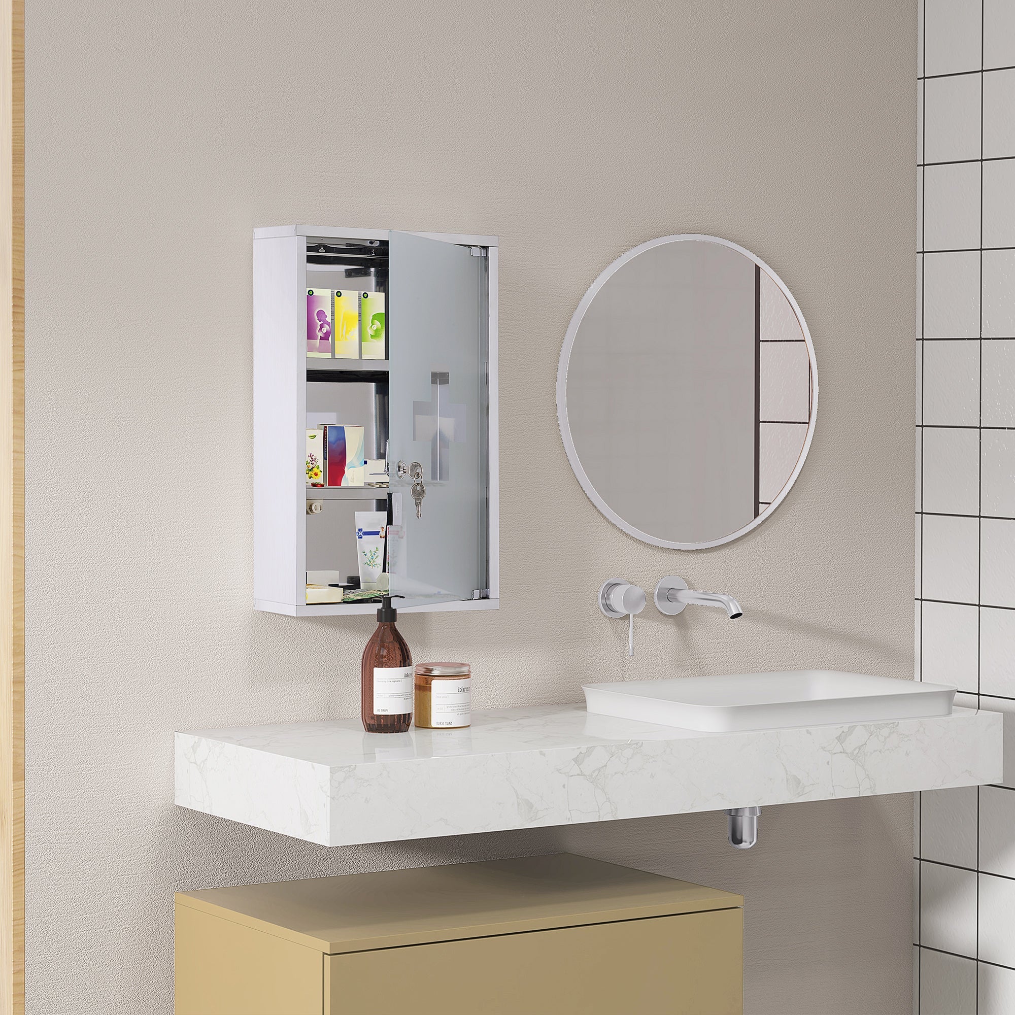 Medicine Cabinet First Aid, Lock, Stainless Steel