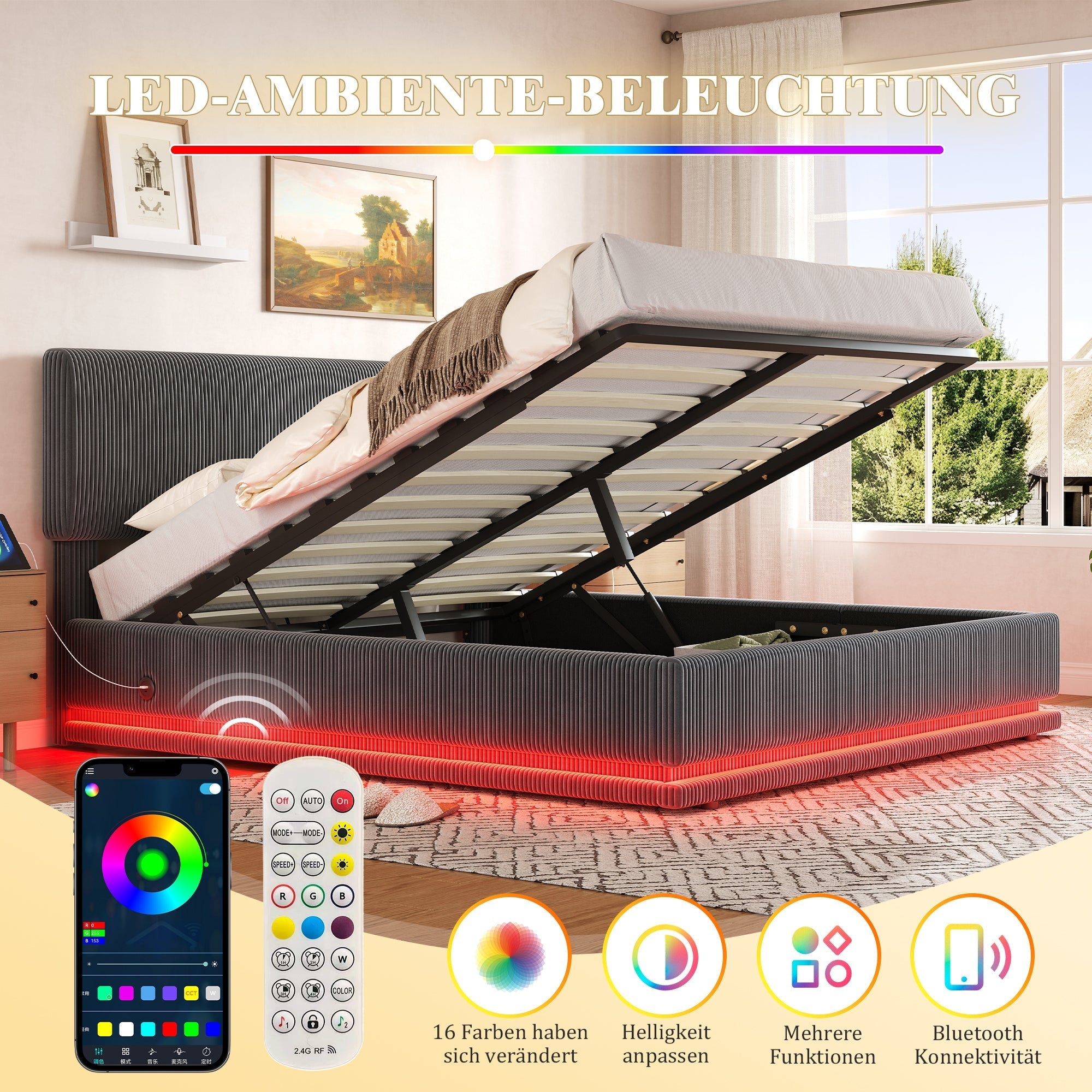 Modern Upholstered Bed with LED Lighting, USB-C Charging and Under-Bed Storage, Gray Corduroy
