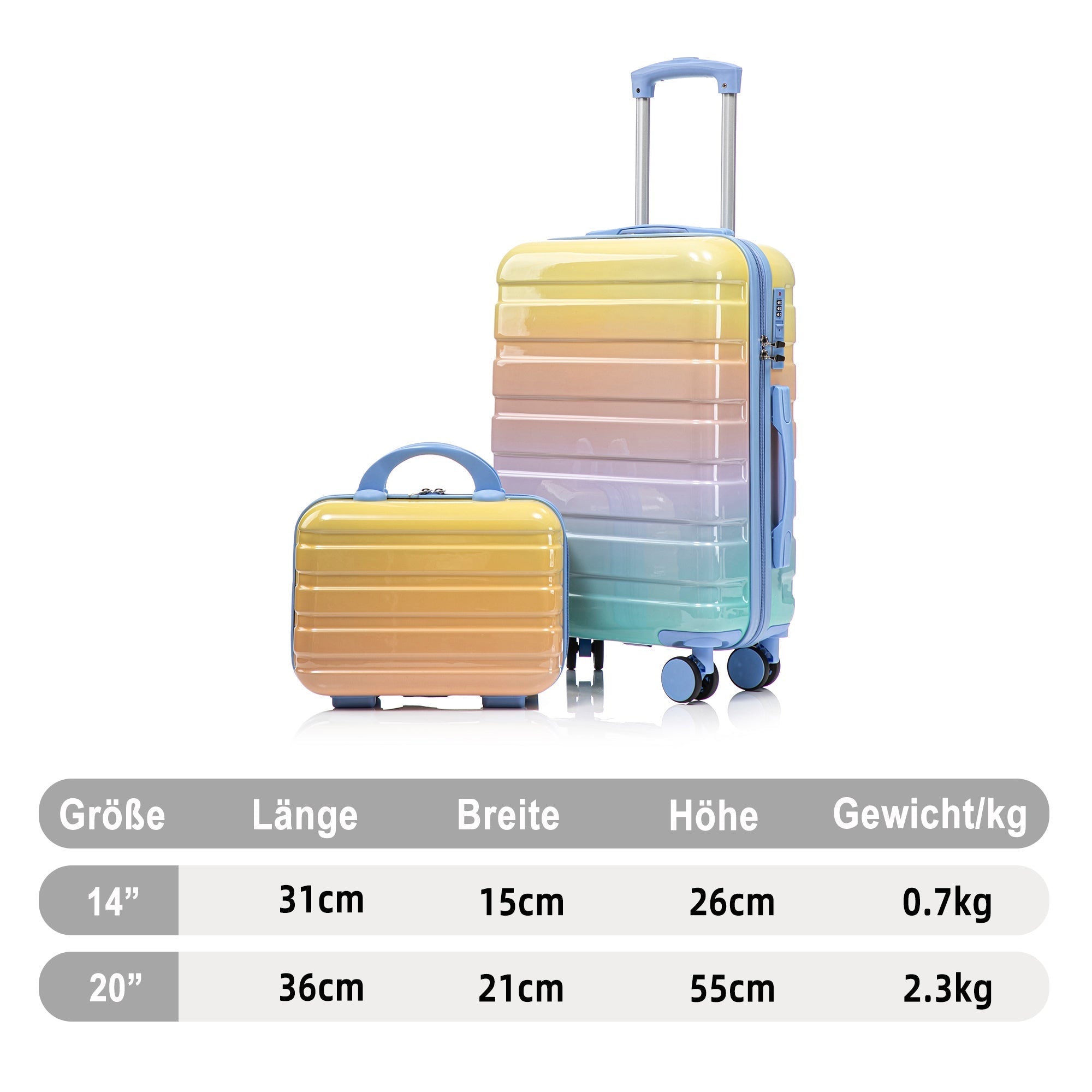 PC Spinner Luggage Set 14"/20" 2-Piece with Lock & Cosmetic Bag - Yellow
