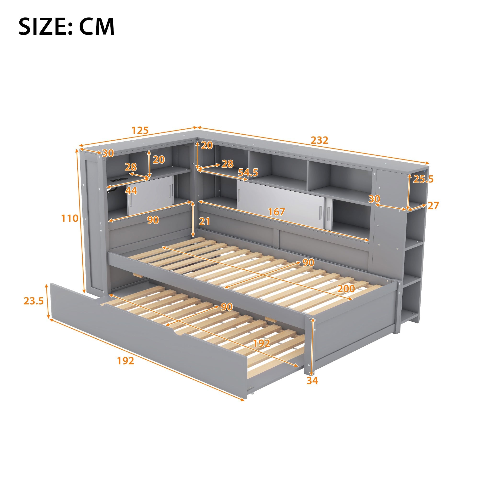 Daybed Sofa Bed 90x200cm Pull-out Storage USB Port - Grey Chipboard