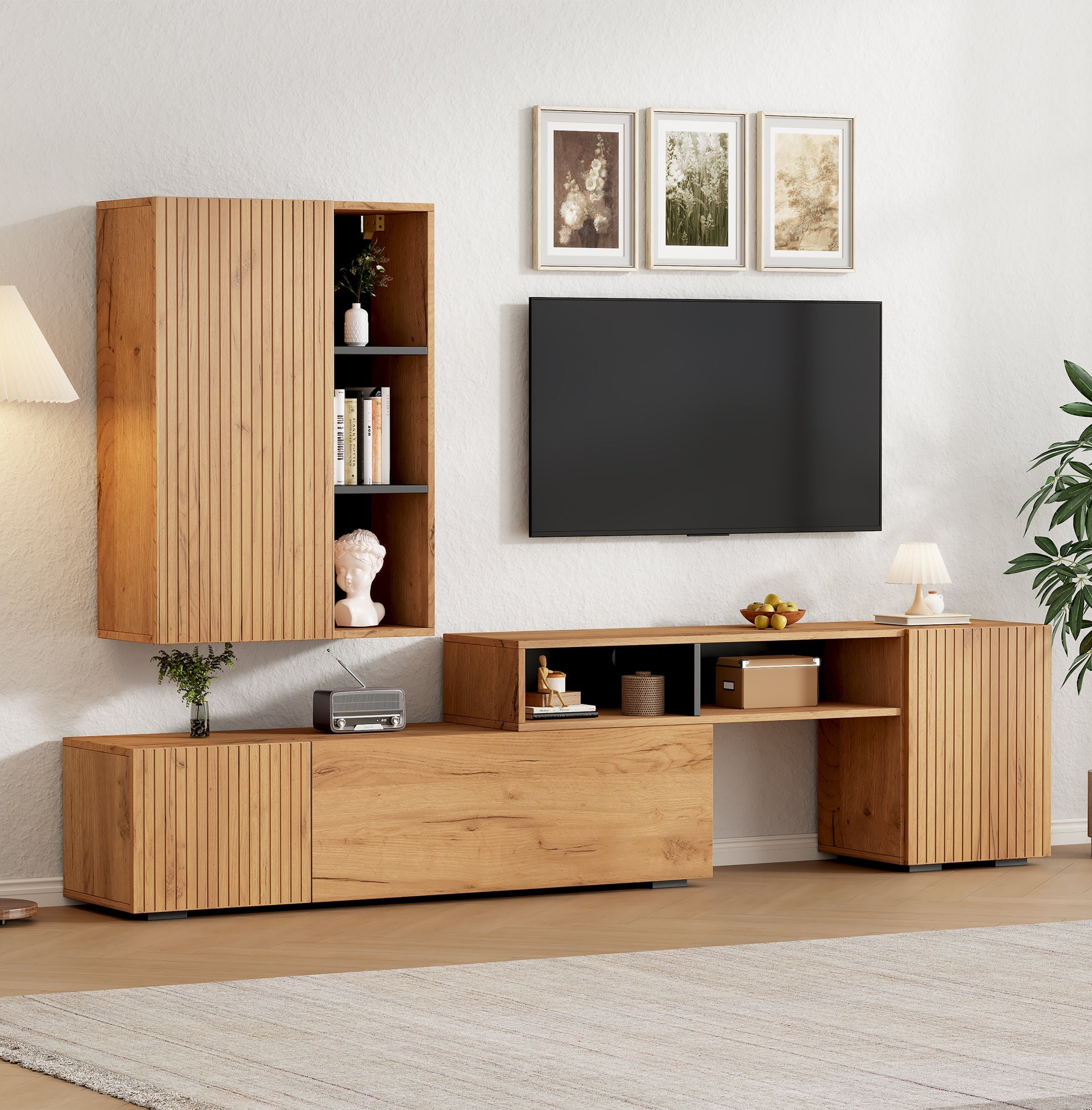 TV Wall Unit Set, 2-Piece Media & Display Cabinet, up to 120" TV, Wood & Black
