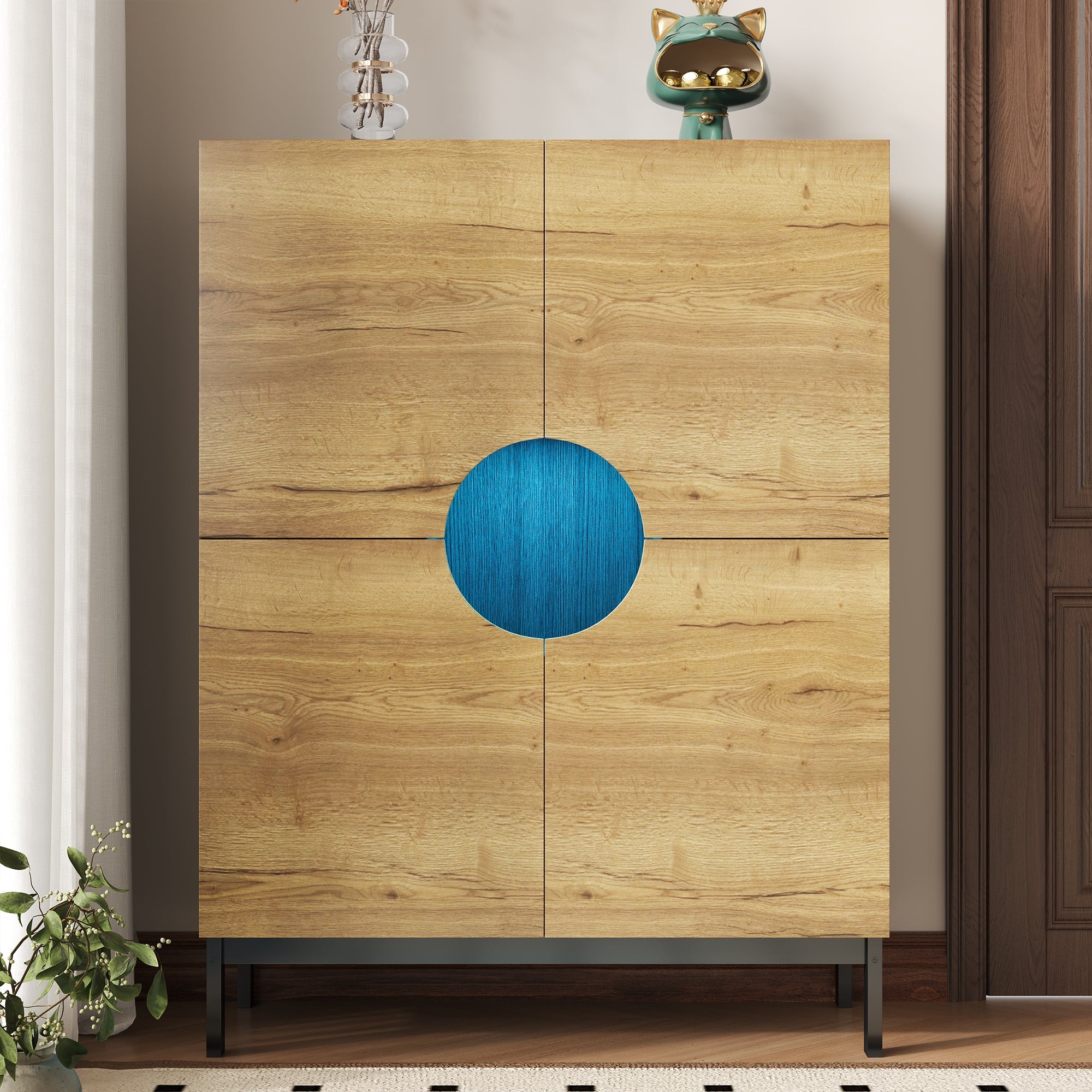 Shoe Cabinet & Display Cabinet 2-in-1, Adjustable Shelves, Solid Wood Legs, Wood Color