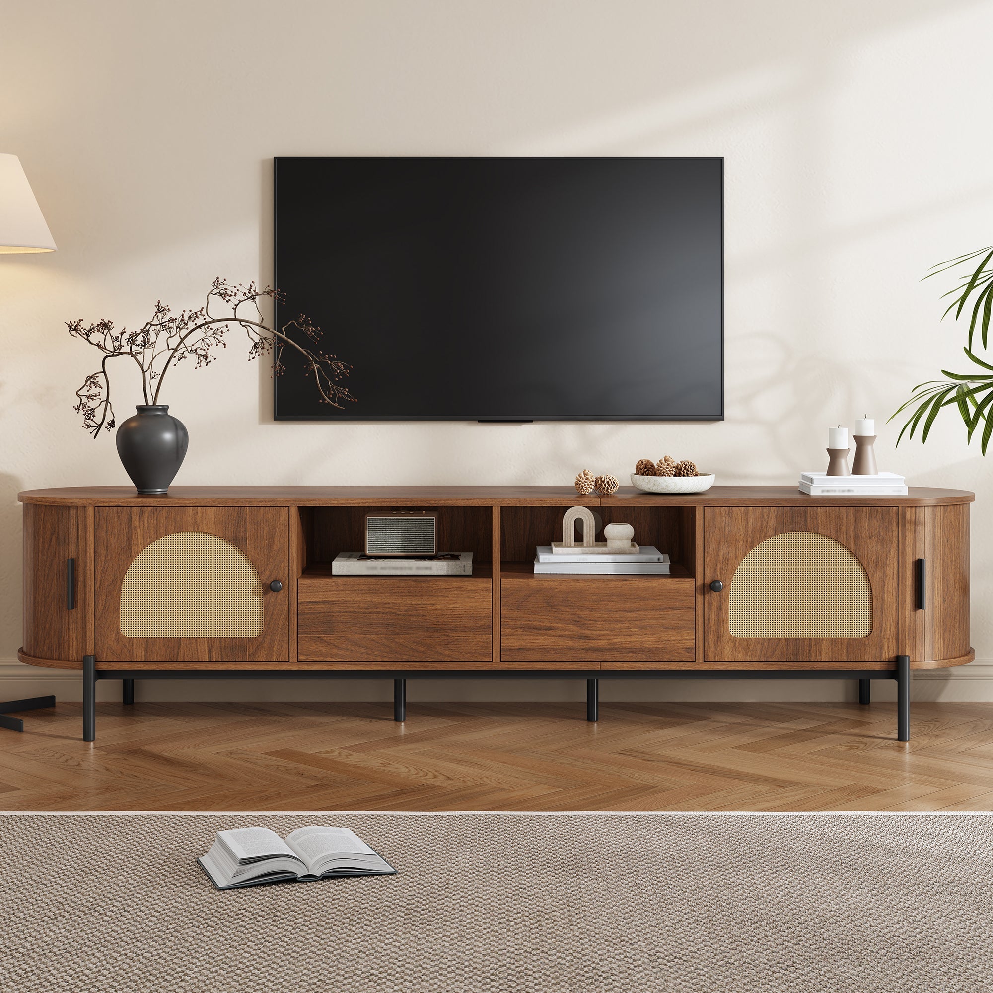 Oval TV Cabinet with Rattan Sliding Doors and Drawers, Wood Look and Metal Legs