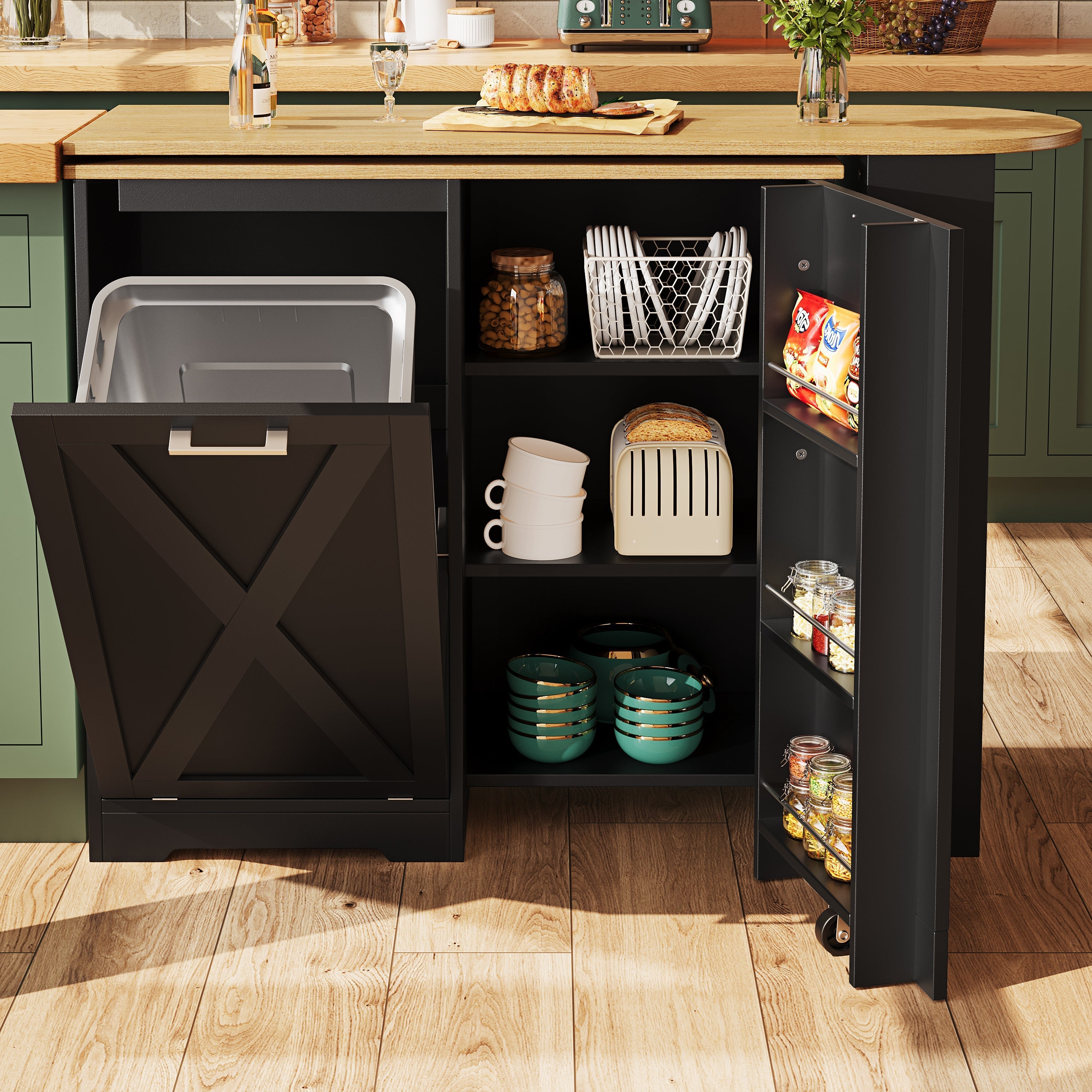 360° Rotating Breakfast Bar with Multifunctional Storage and Side Shelves, Black