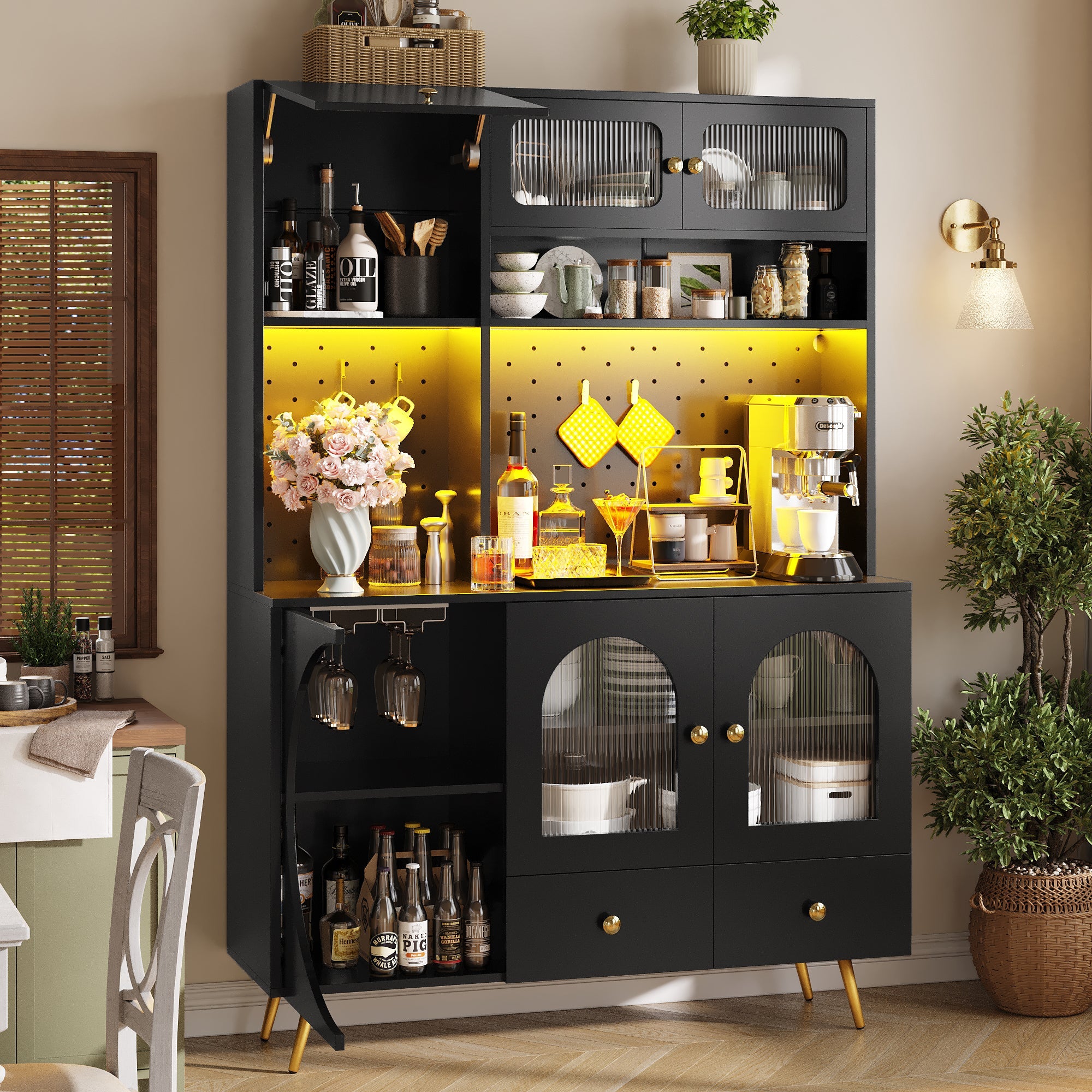 Modern Sideboard with LED Lighting, USB Ports and Sockets, Black