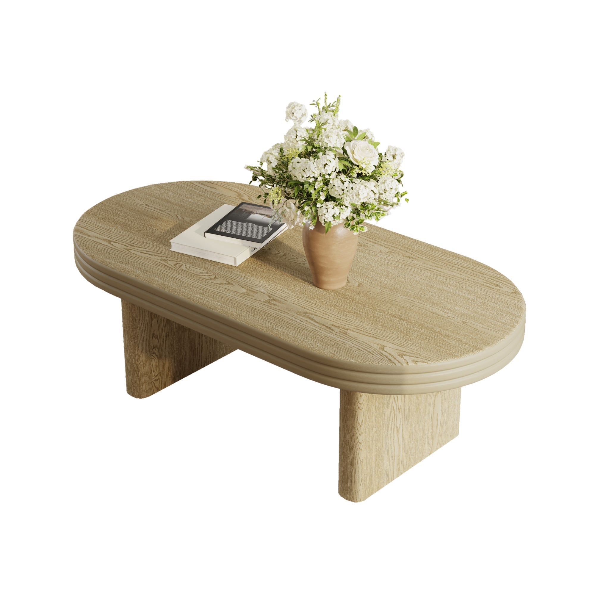 Mid Century Modern Oval Fluted Coffee Table Rustic Wood 120cm - Natural
