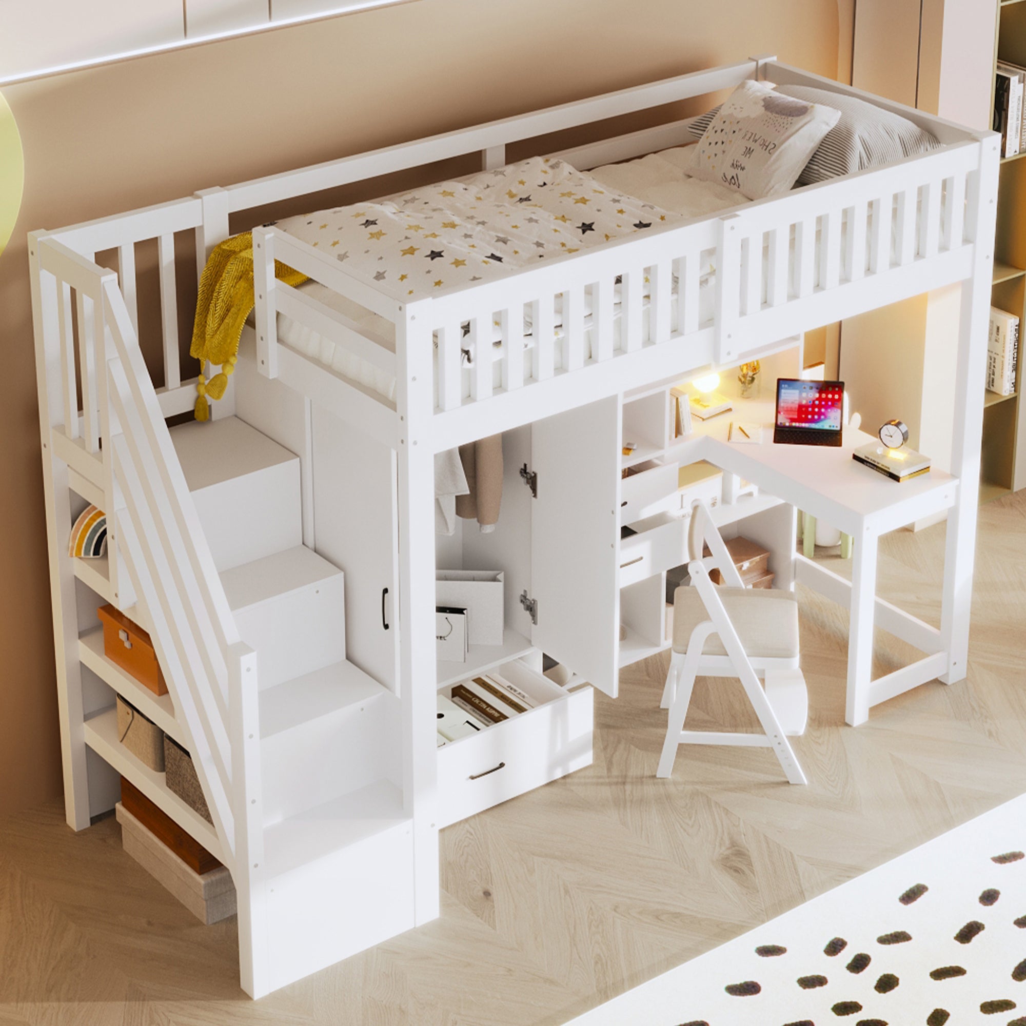 Loft Bed with Wardrobe, Desk and Storage Ladder, White
