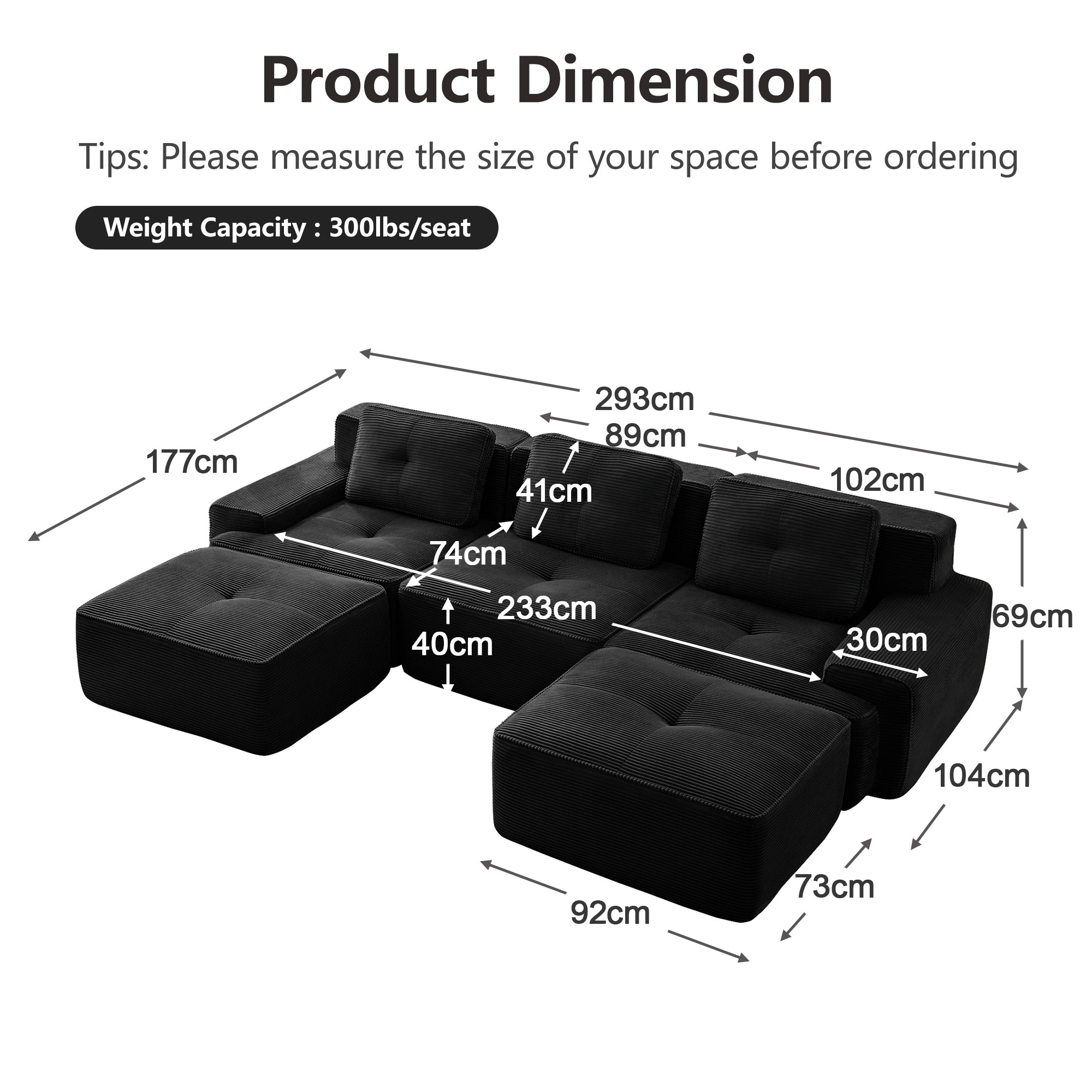 Cloud Modular Sofa U-shaped 3-Seater with Ottoman Corduroy Black