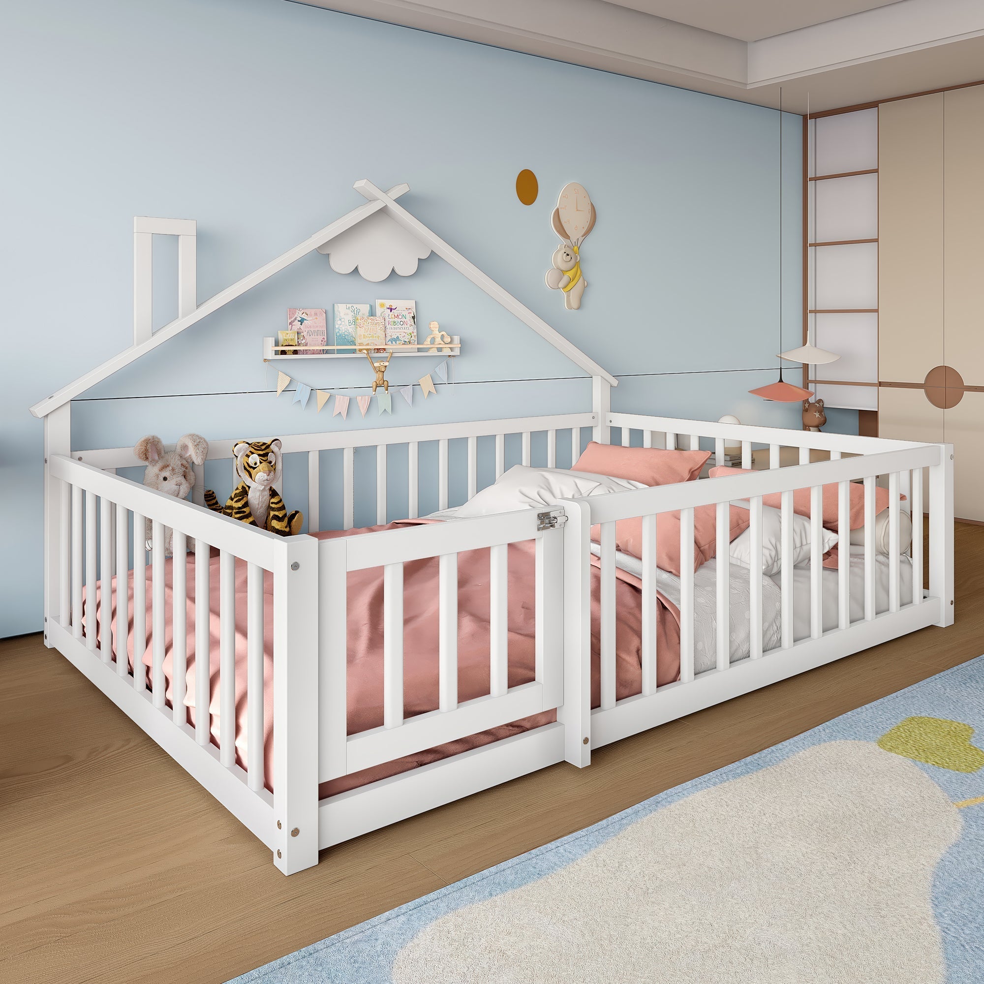 Children's Flatbed with House Rail and Locking Railing, 140x190 cm, White Pine Wood