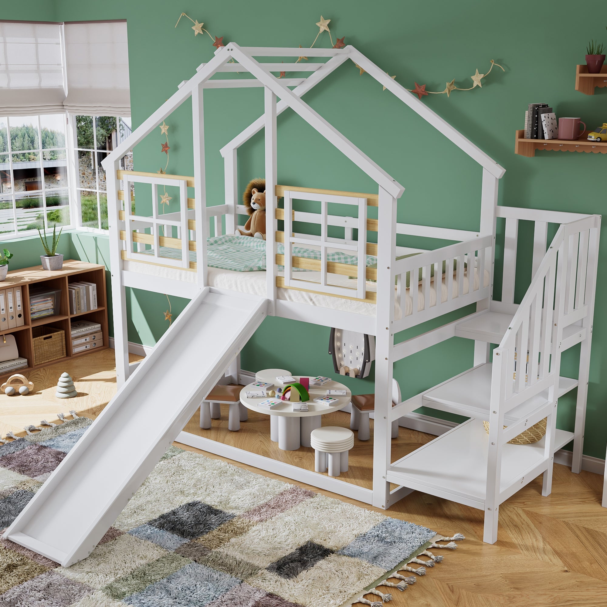 Bunk Bed, Wooden with Stairs, Slide & Window, Solid Wood, White