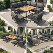 Seven-Seater L-Shaped Garden Sofa Set with Coffee Table and Armchair, Iron and Wood, Grey/Beige