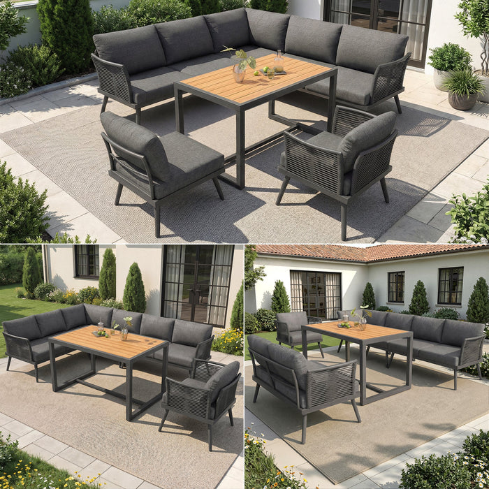 Seven-Seater L-Shaped Garden Sofa Set with Coffee Table and Armchair, Iron and Wood, Grey/Beige