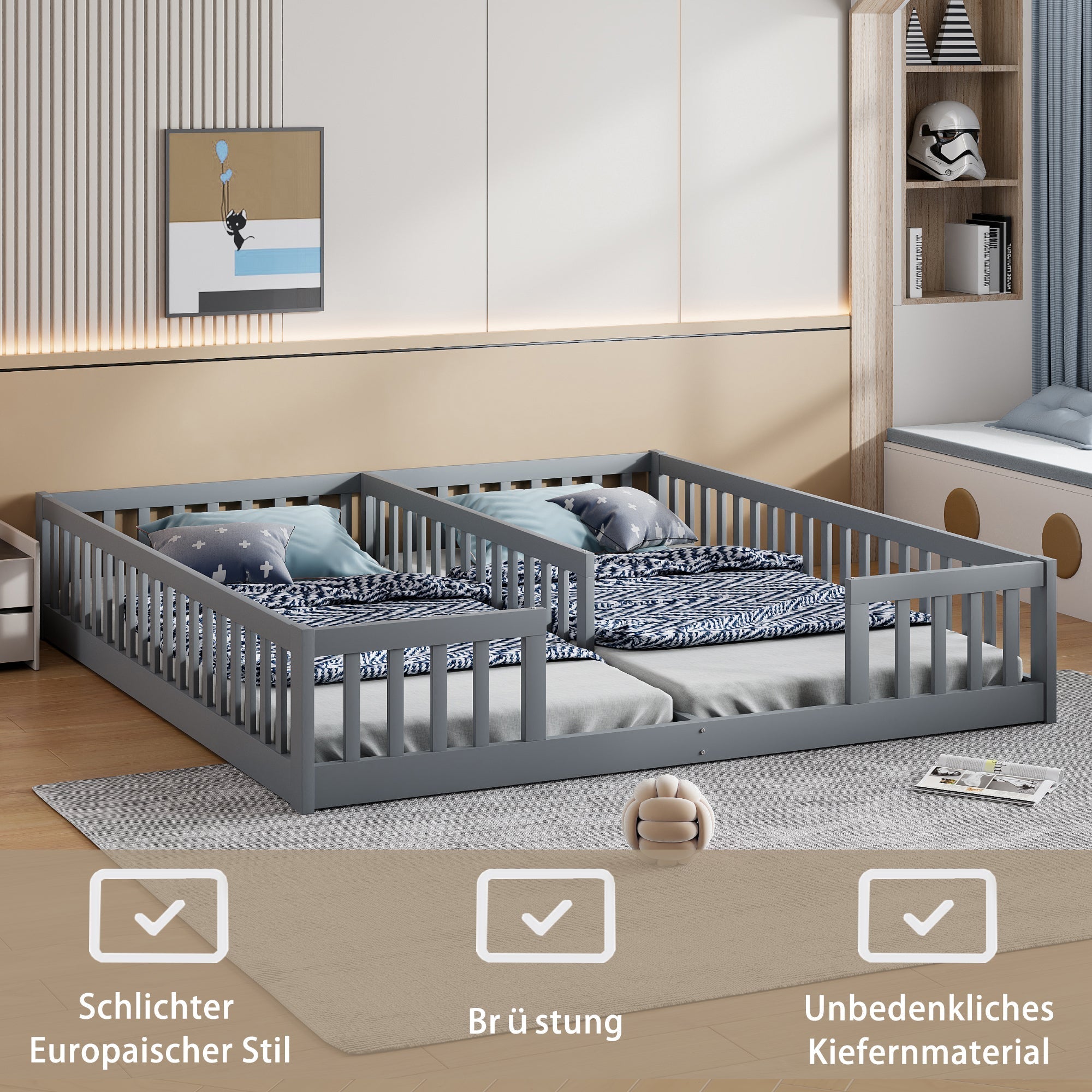 Panel Bed with Guardrails and Slatted Base, 90 x 200 cm, Grey Pine Wood