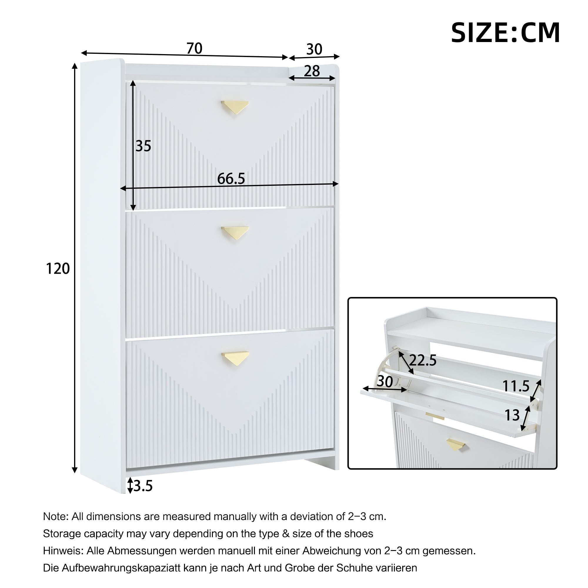Shoe Cabinet 70x30x120cm 3 Drop-Down Doors Adjustable Width - White MDF