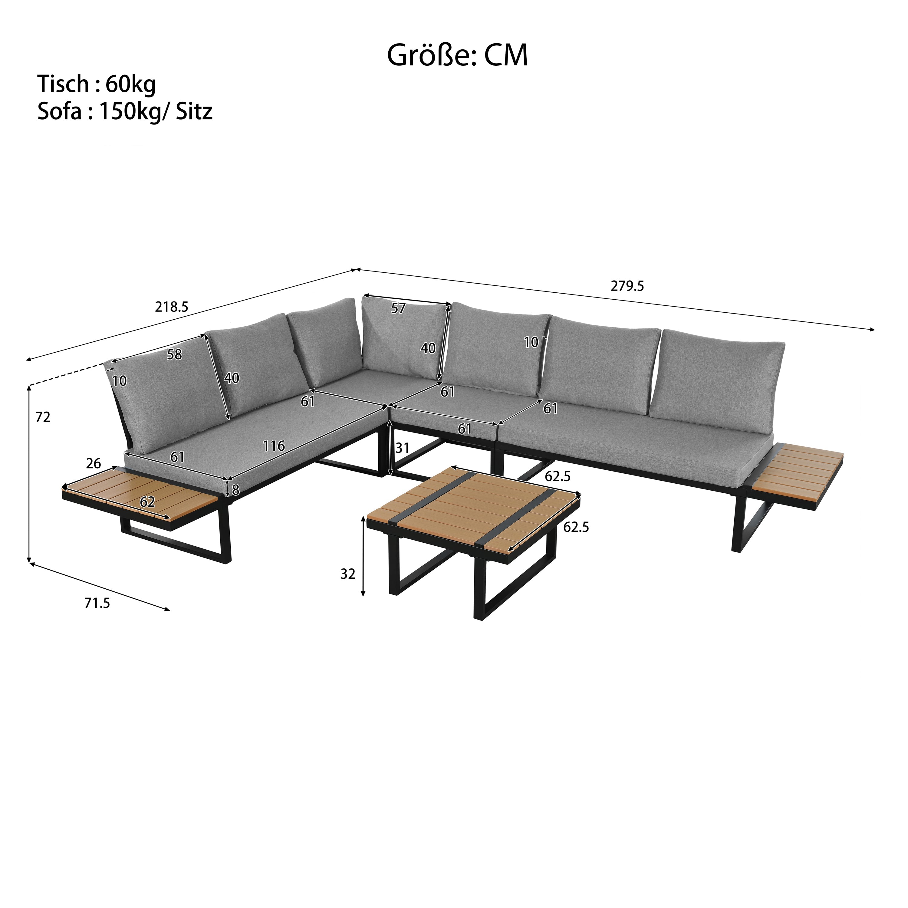 Garden Furniture Set with 2 Reclining Beds and Coffee Table, Grey