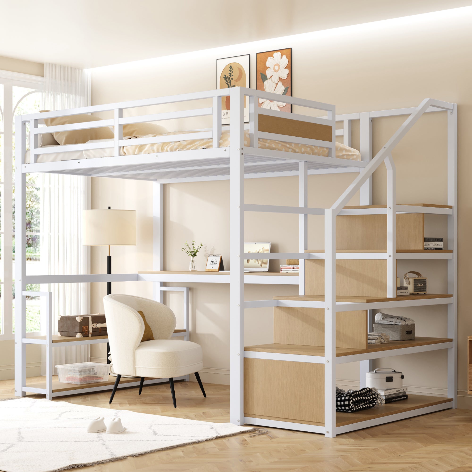 Metal Loft Bed with Storage Ladder, Shelves and Table, 140x200cm, White Metal