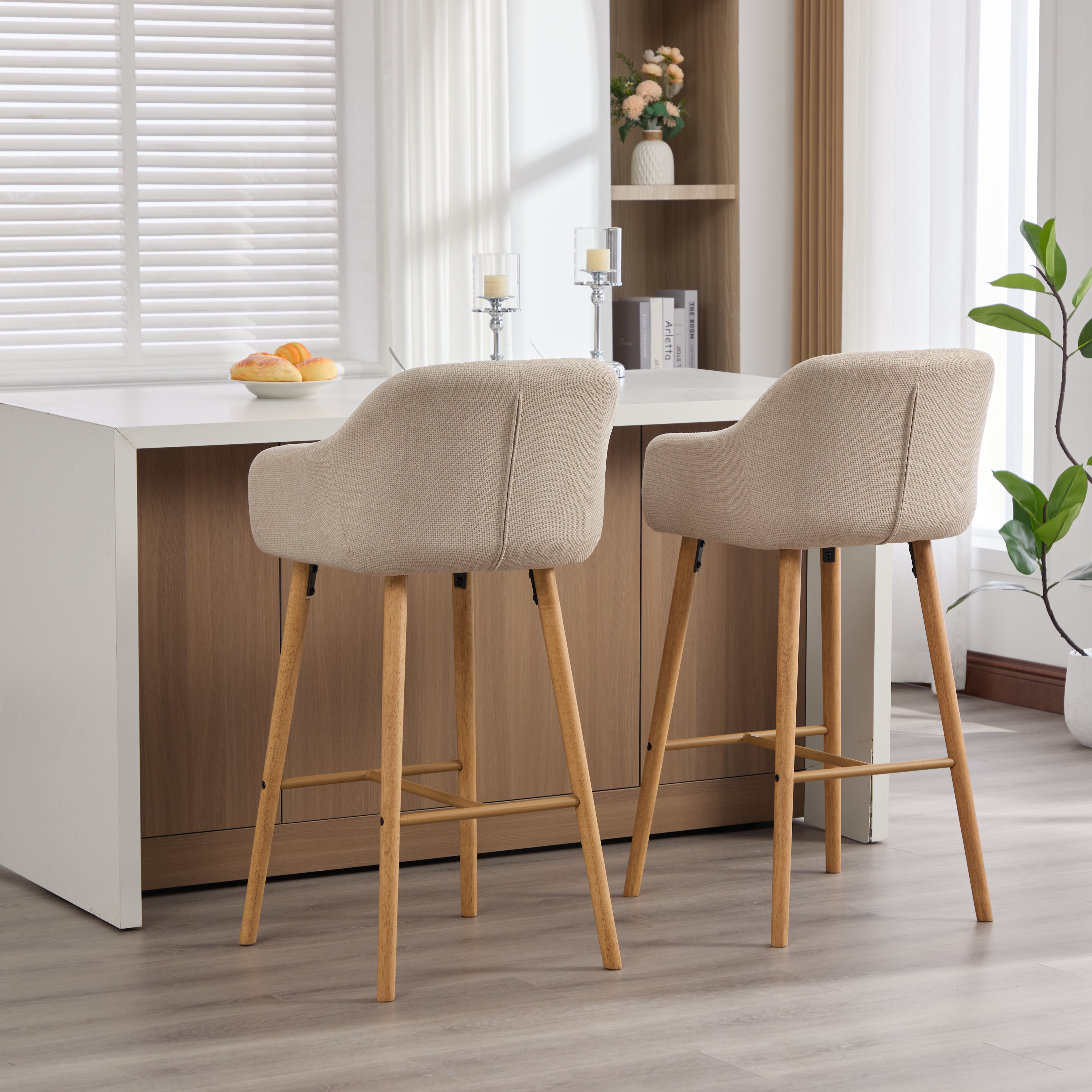 Bar Stools, Set of Two, High Backrest & Armrests, Linen & Wooden Legs