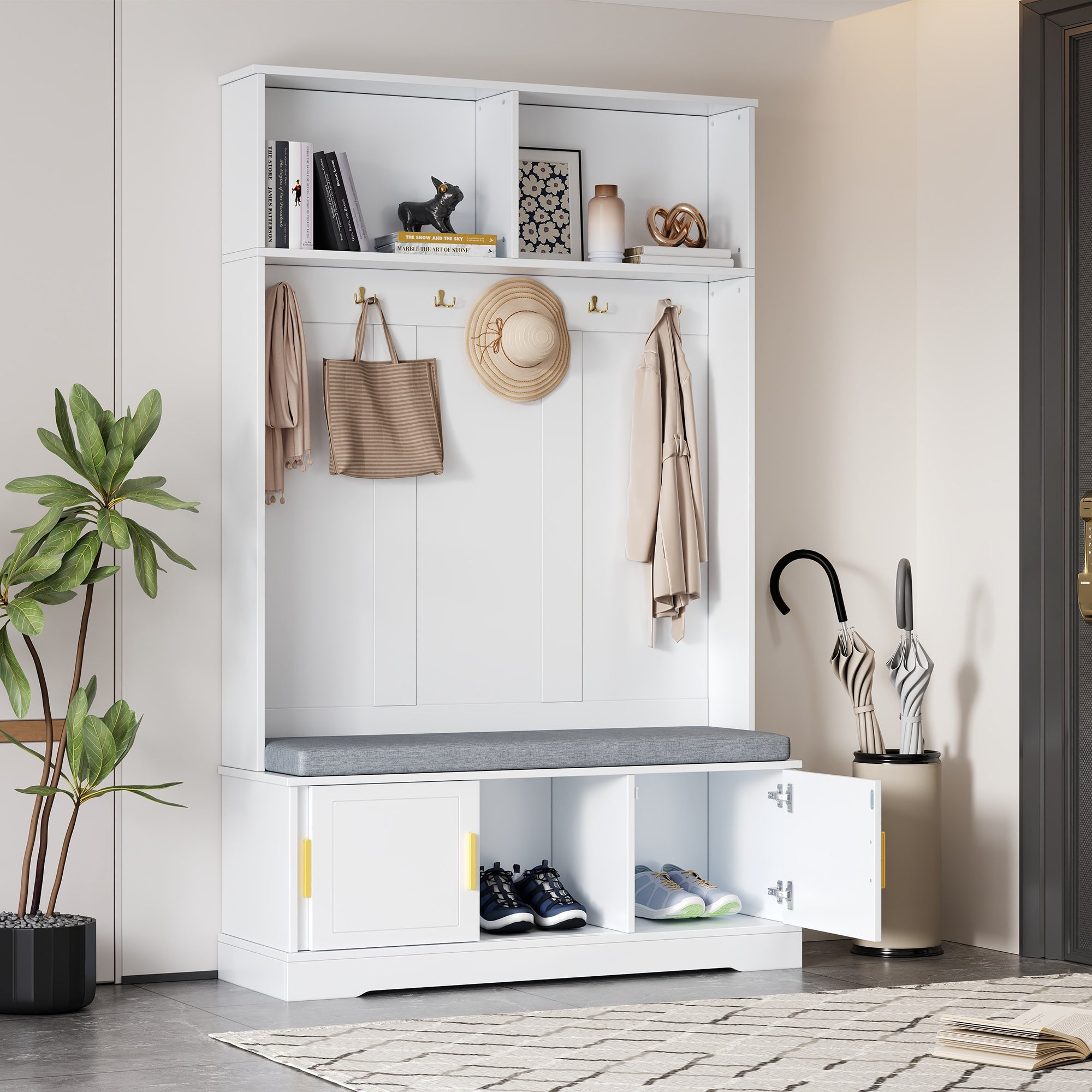 Coat rack with shoe bench, wardrobe, 6 triple hooks, freestanding, space-saving, white