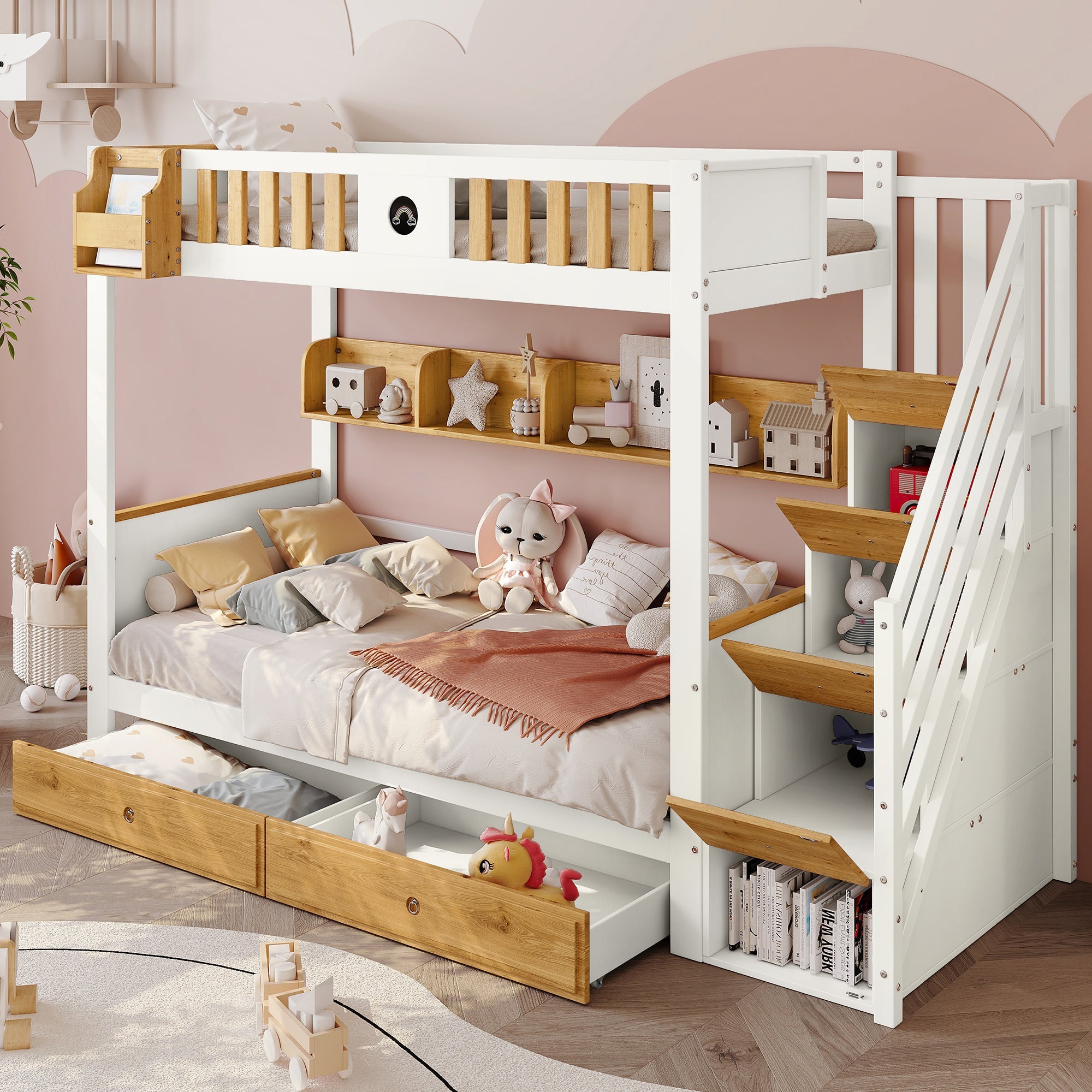 Bunk Bed 90x200cm Storage Stairs Drawers Pine/MDF White+Natural