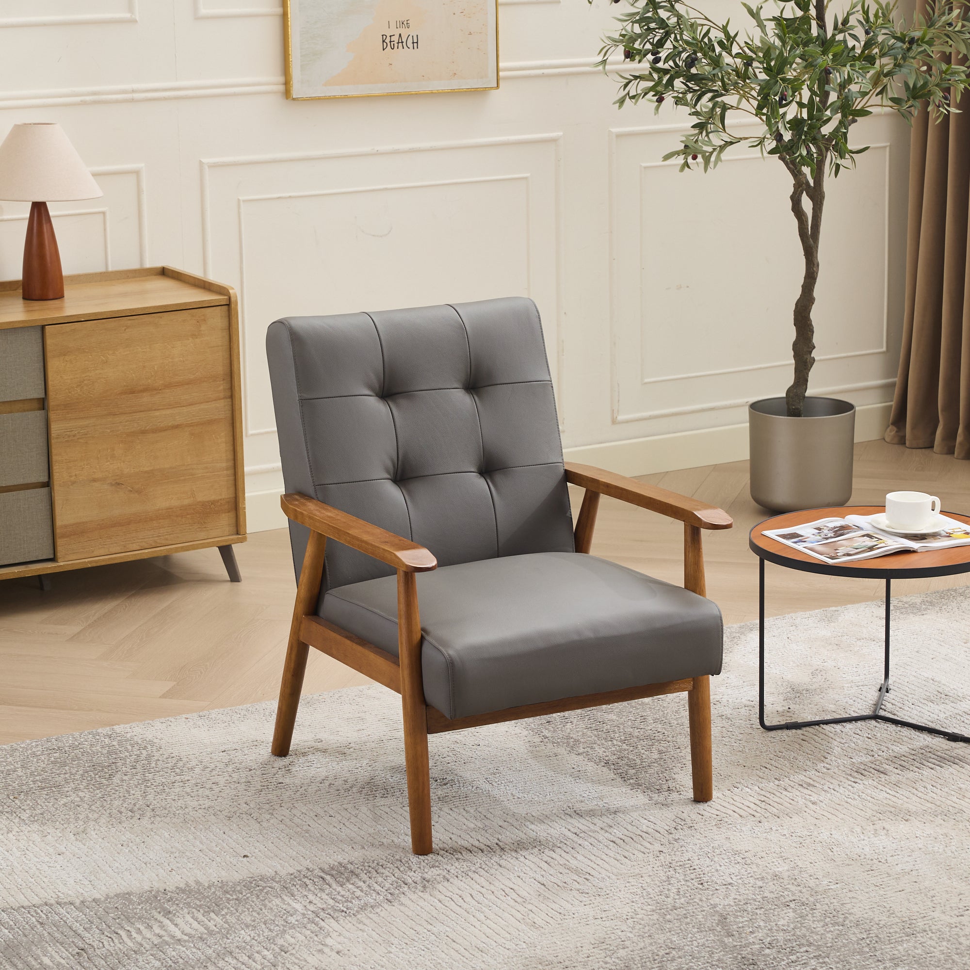 Lounge Chair Genuine Leather Walnut Armrests Rubberwood Legs