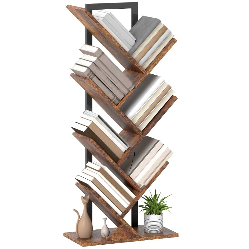 Bookshelf Standing Shelf 7 Levels Narrow Tree Shape Office Rustic Brown