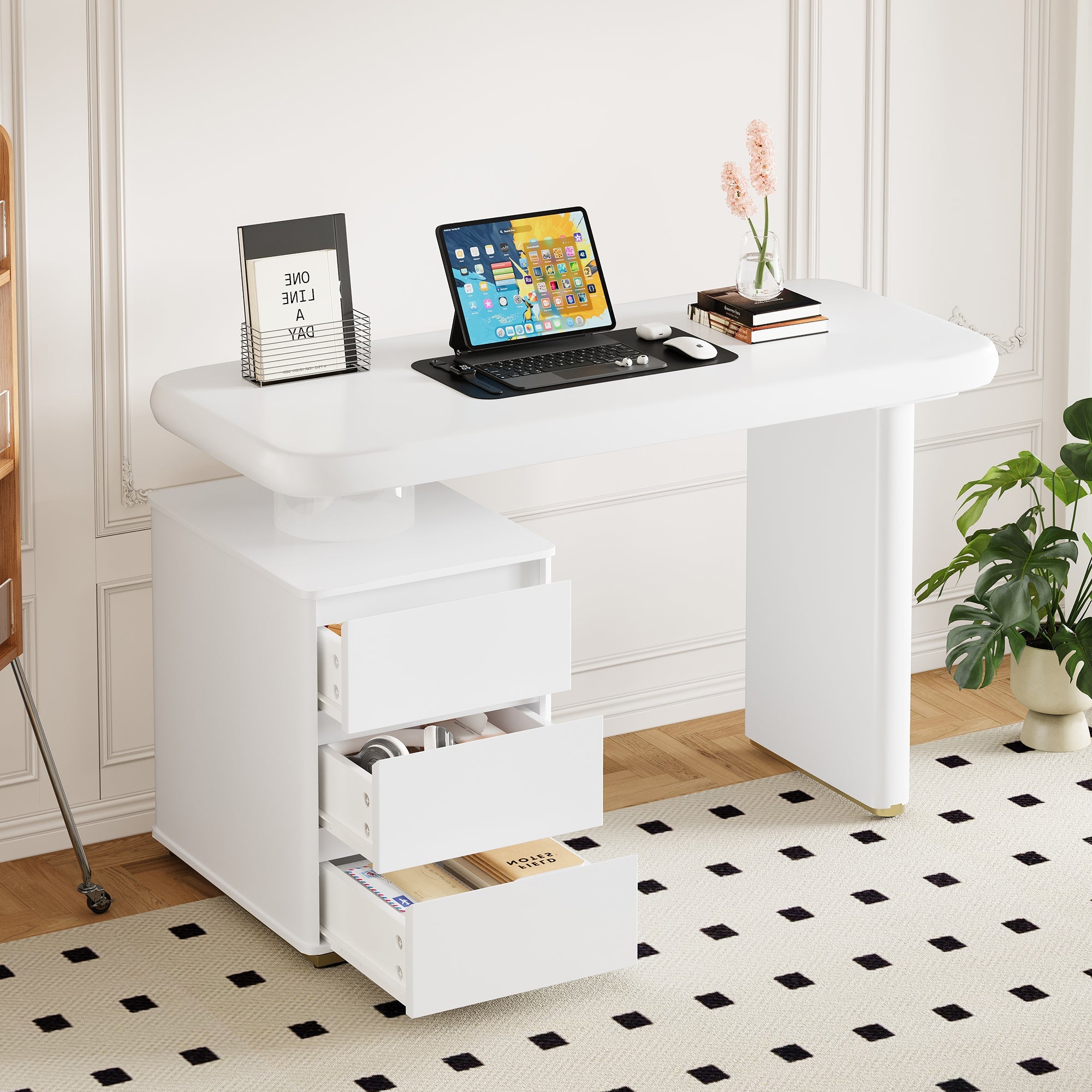 Modern Desk, 117×50×74 cm, Cloud Shape, 3 Drawers, White Lacquer Finish