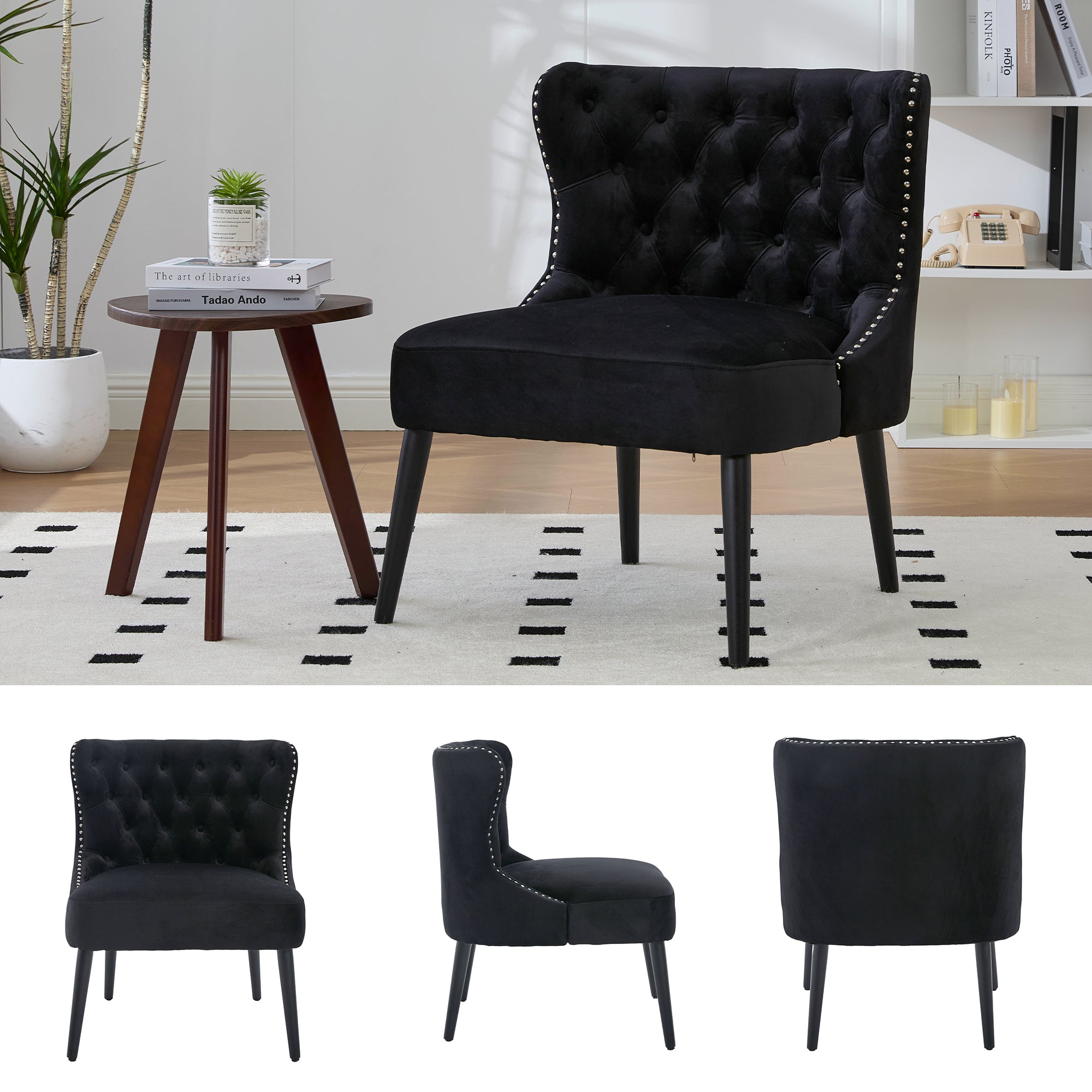 Single Sofa Chair, Modern Armless Button-Front Studded Trim Solid Wood Legs, Velvet