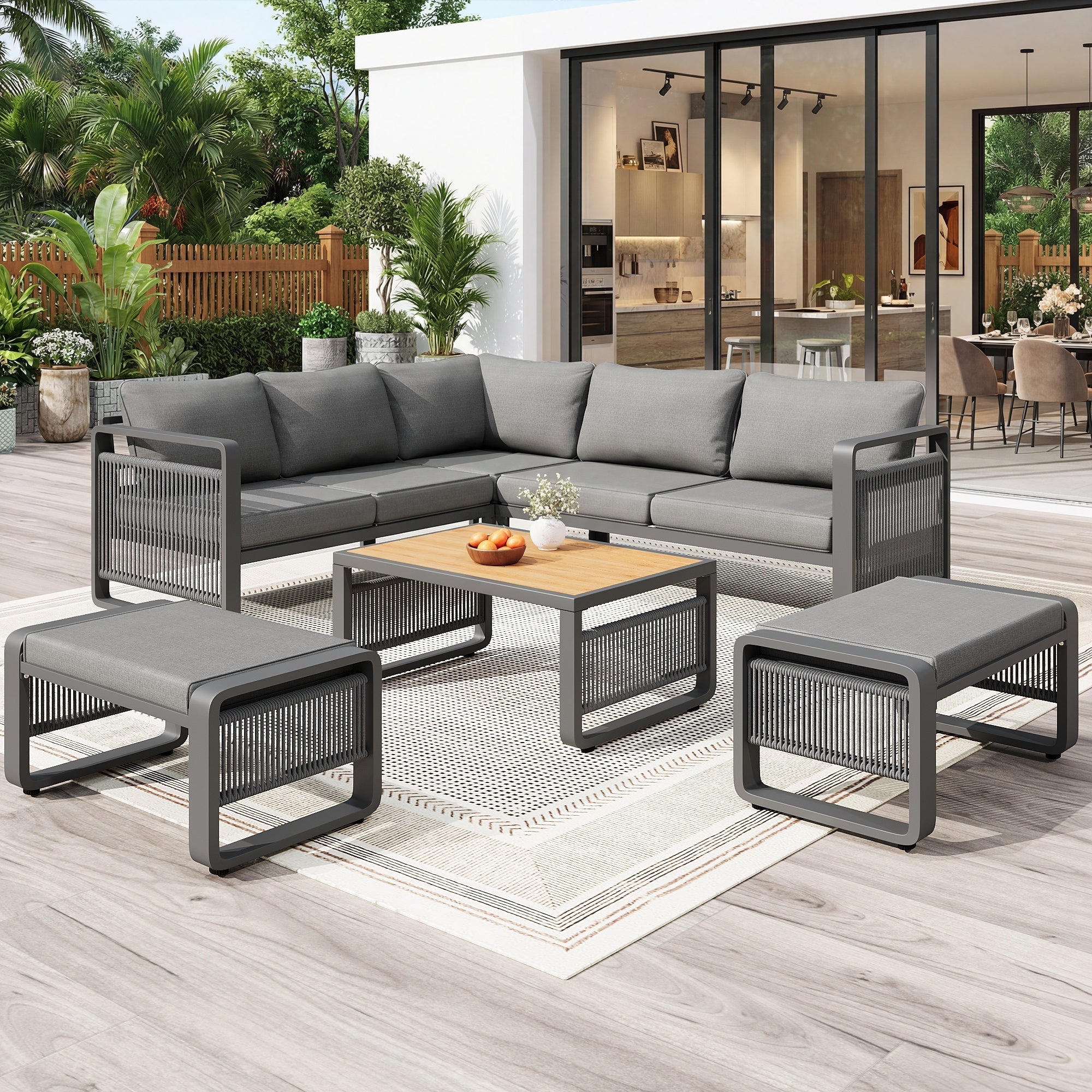 Garden Lounge Set, 6-7 Person Weatherproof Corner Sofa with Hand-Woven Rope and Cushions, Grey Iron