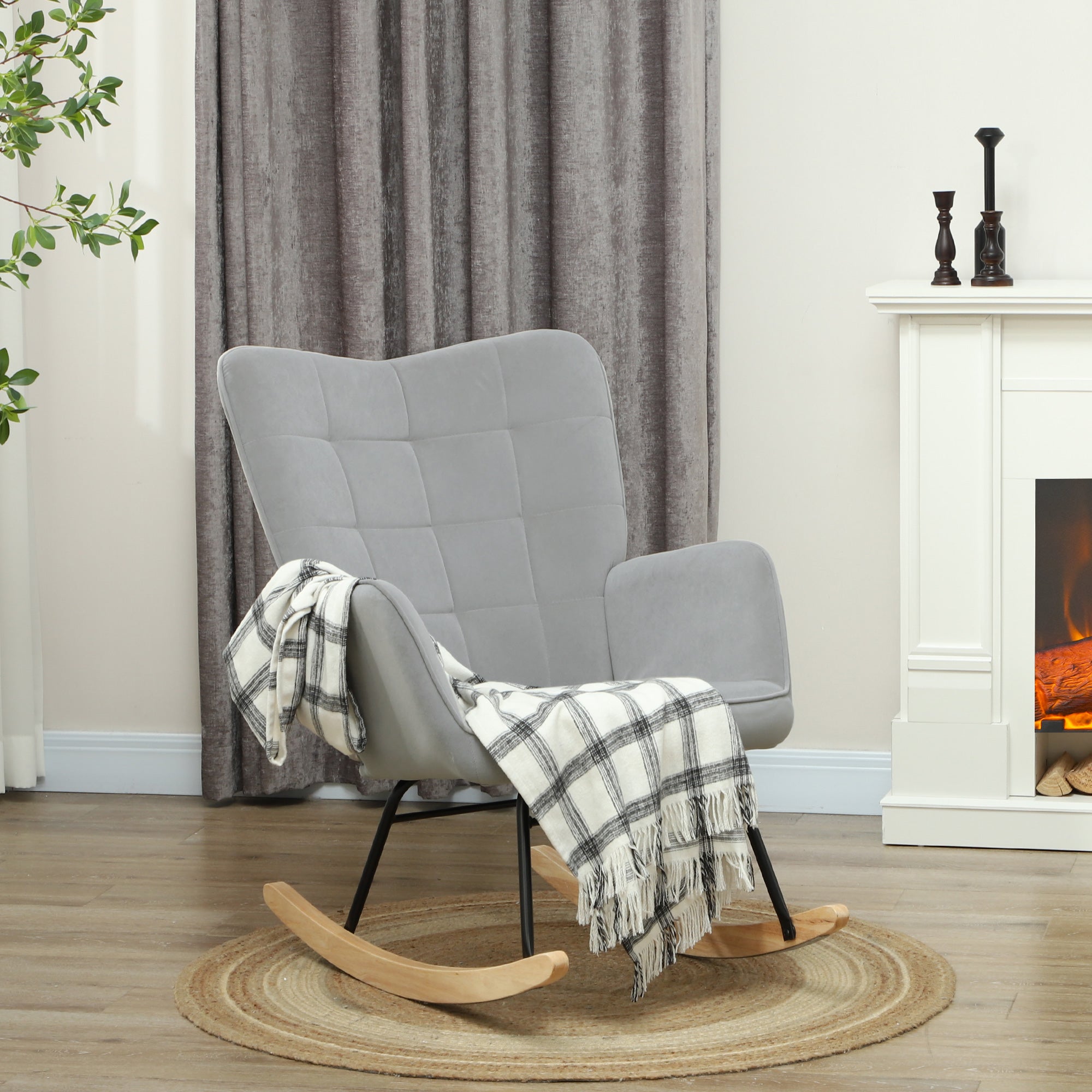 Rocking Chair, Armrests Wooden Base, Light Gray