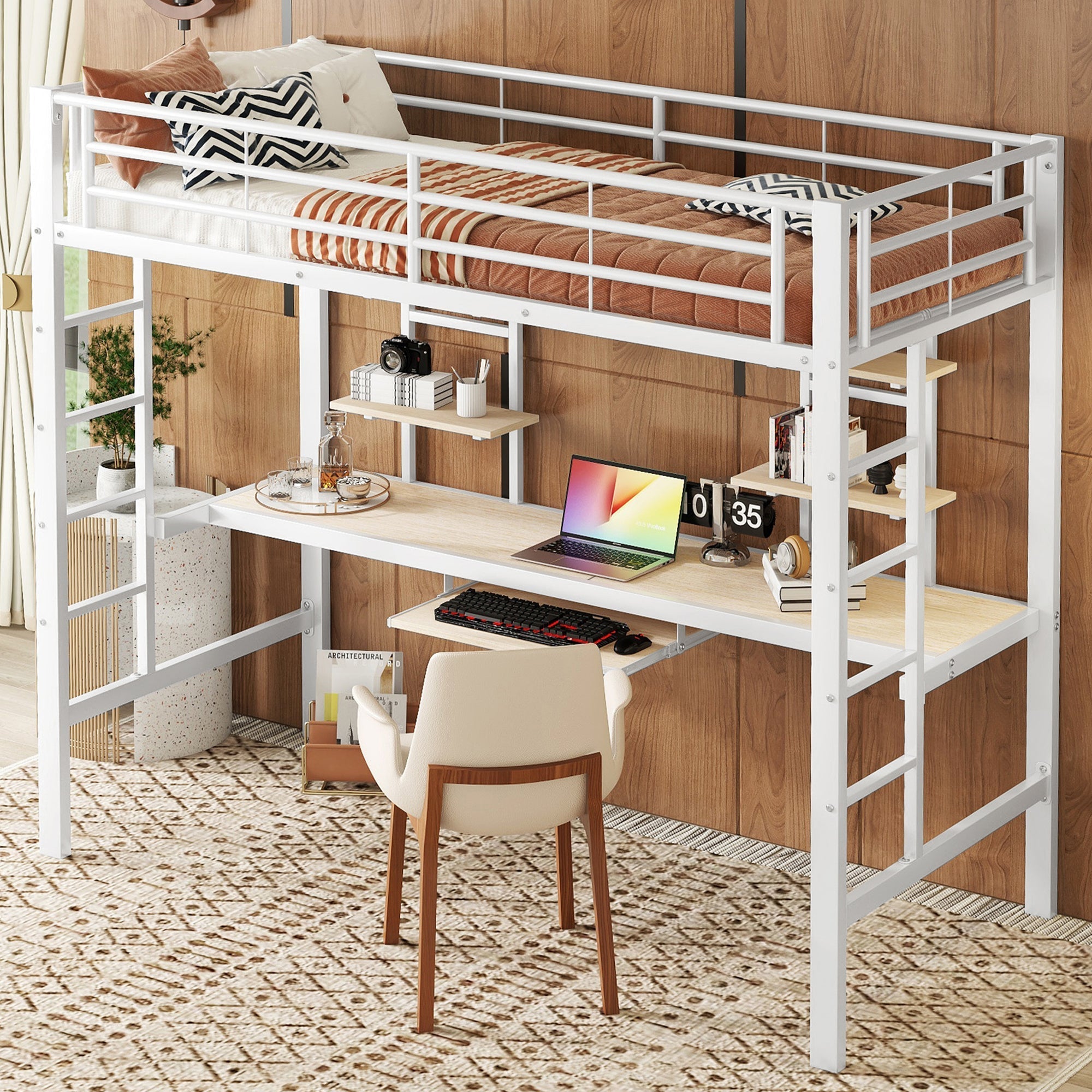 Loft Bed 90x200cm Metal Frame with Desk and 2 Bookshelves White