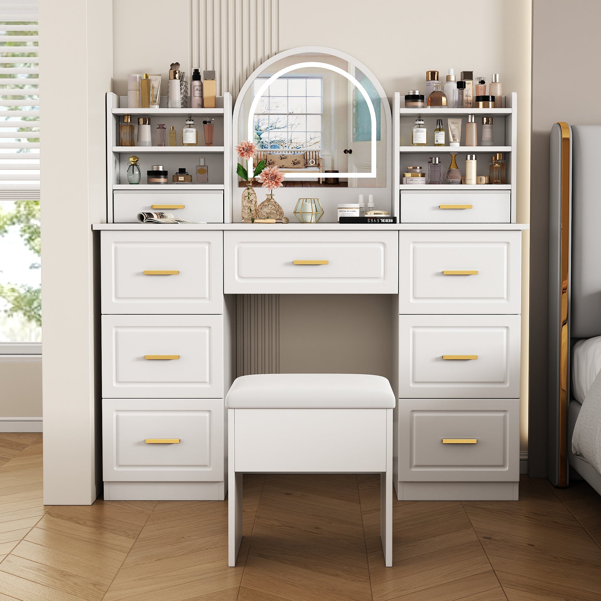 Dressing table with mirror, LED lighting, 9 drawers, white