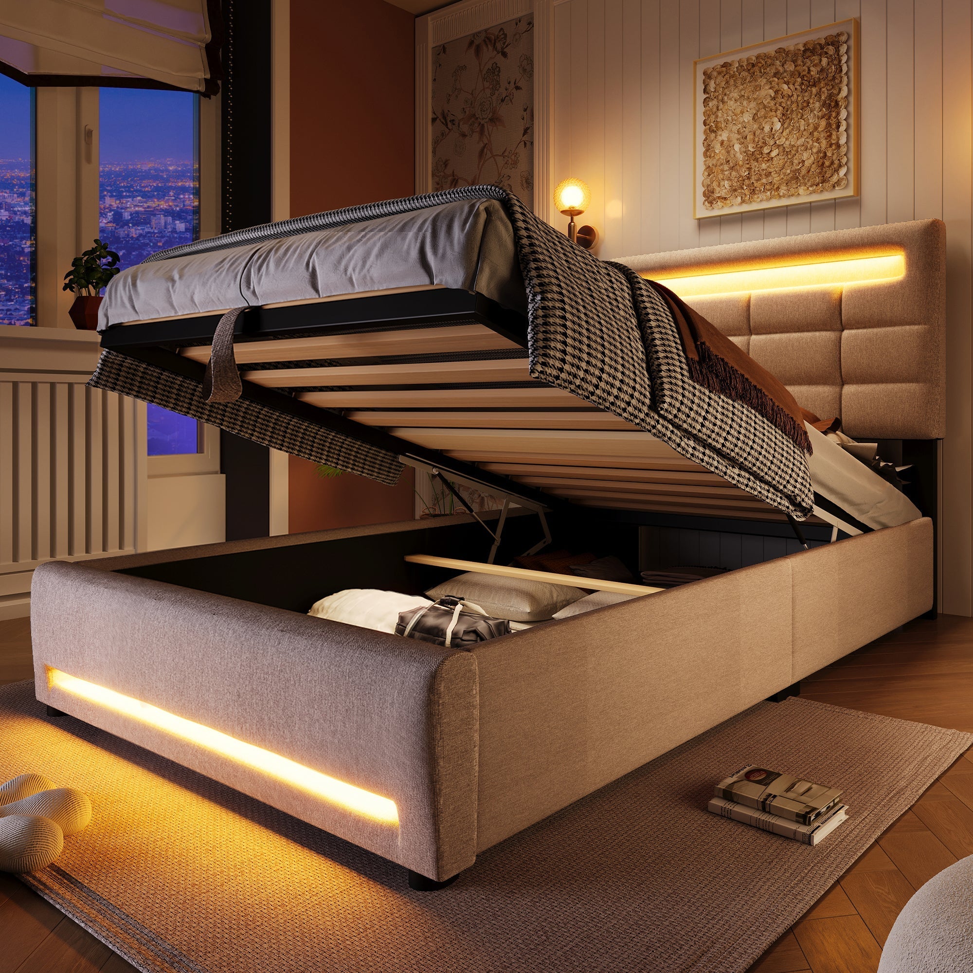 Upholstered Bed 90x200cm Hydraulic Storage LED USB App Control - Beige Linen