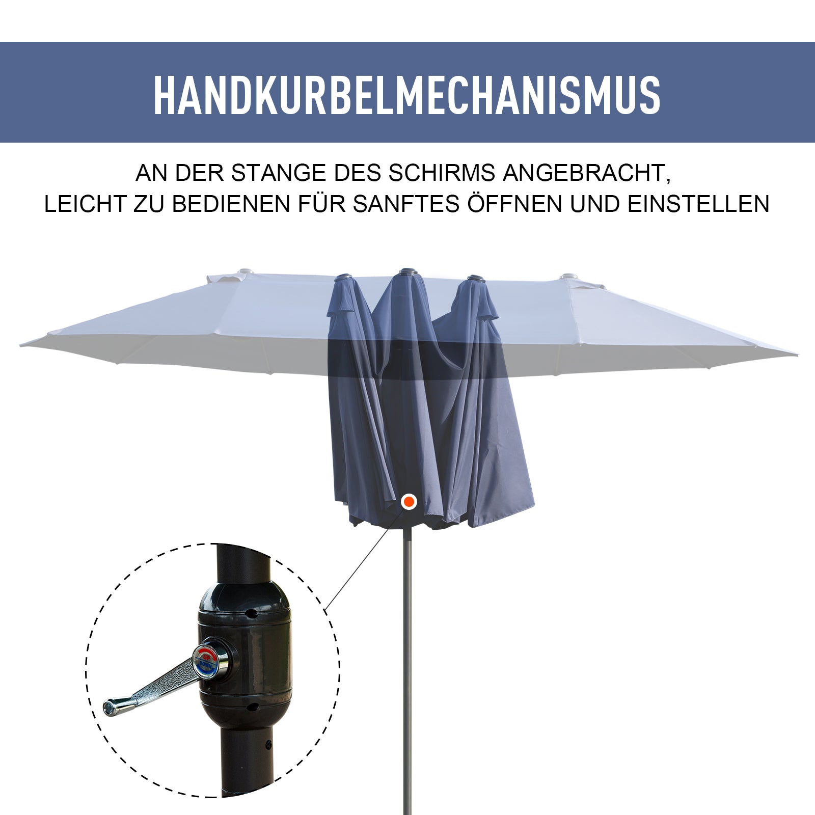 Parasol Double Patio Umbrella, Hand Crank, Blue