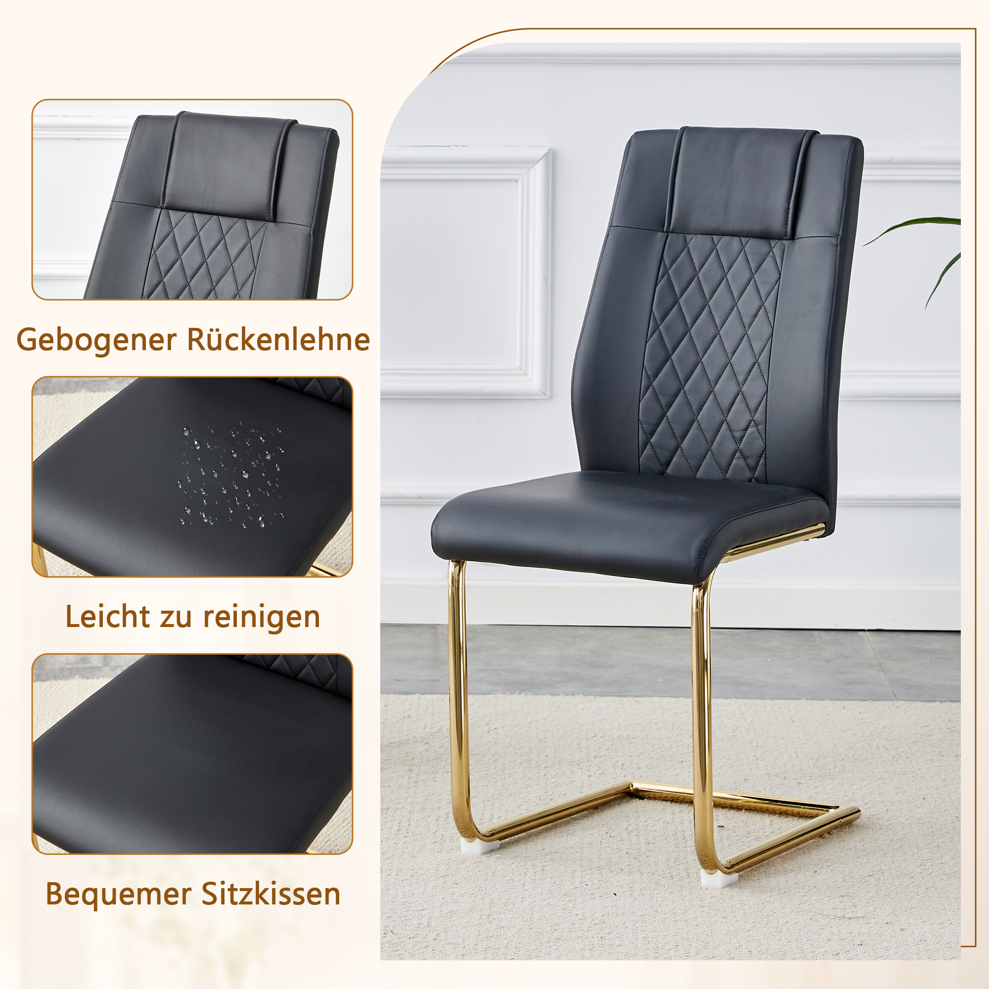 Dining Table Set Minimalist Glass 85cm 4 Chairs Gold Legs - Black PU
