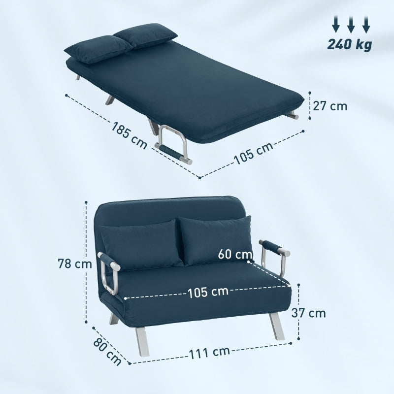 Two-Seater Click-Clack Sofa Bed, Convertible Sleeper Couch, Navy Blue