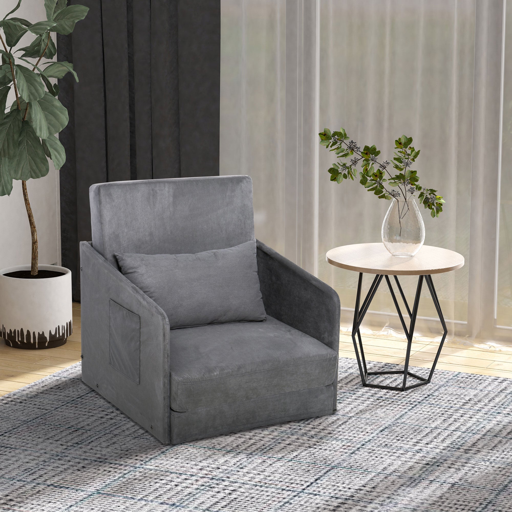 Sofa Bed, Single, Washable Cover, 2 Side Pockets, Metal Frame, Grey