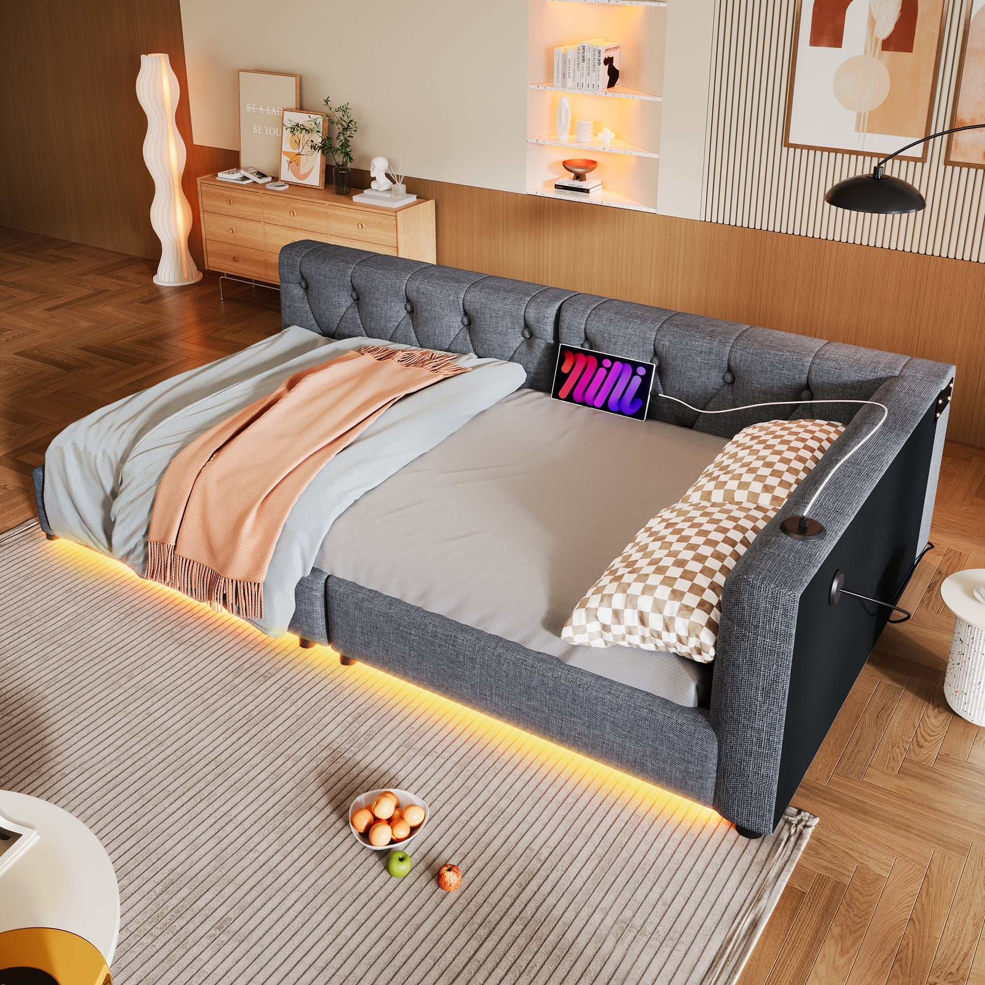Sofa Daybed 90x200cm LED Light USB/Type-C Tufted Headboard - Linen Grey