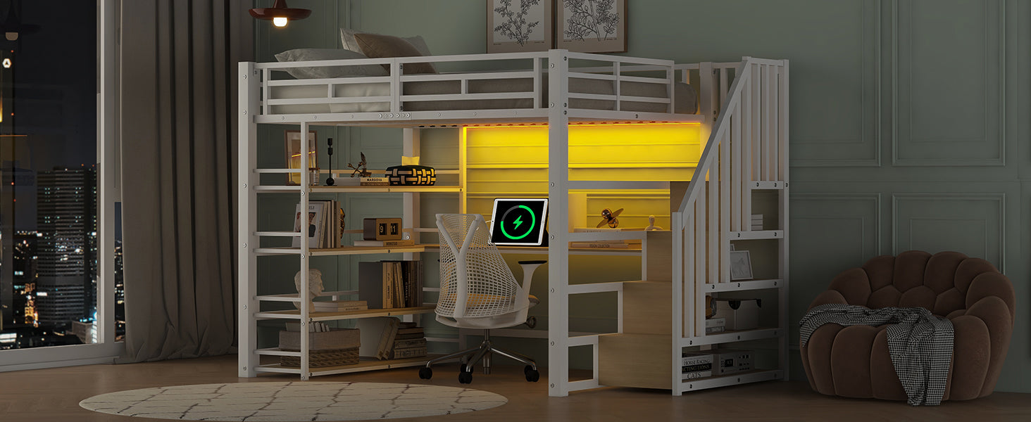 Metal Loft Bed with Desk, Stairs, Storage and LED Light, White