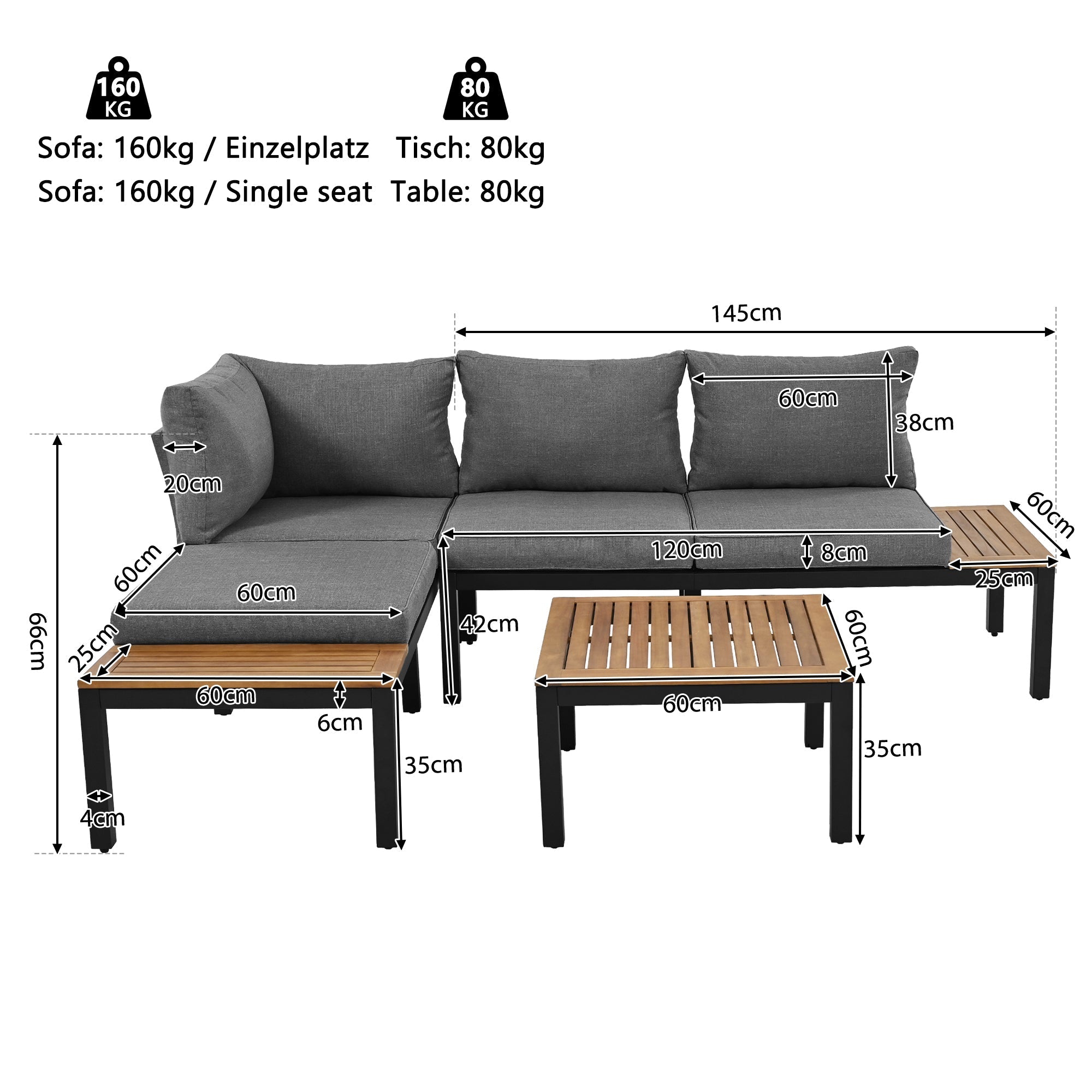 Outdoor Patio & Backyard Furniture Garden Lounge Set for 4, Space Saving L-Shaped Corner Sofa with Wooden Table, Grey