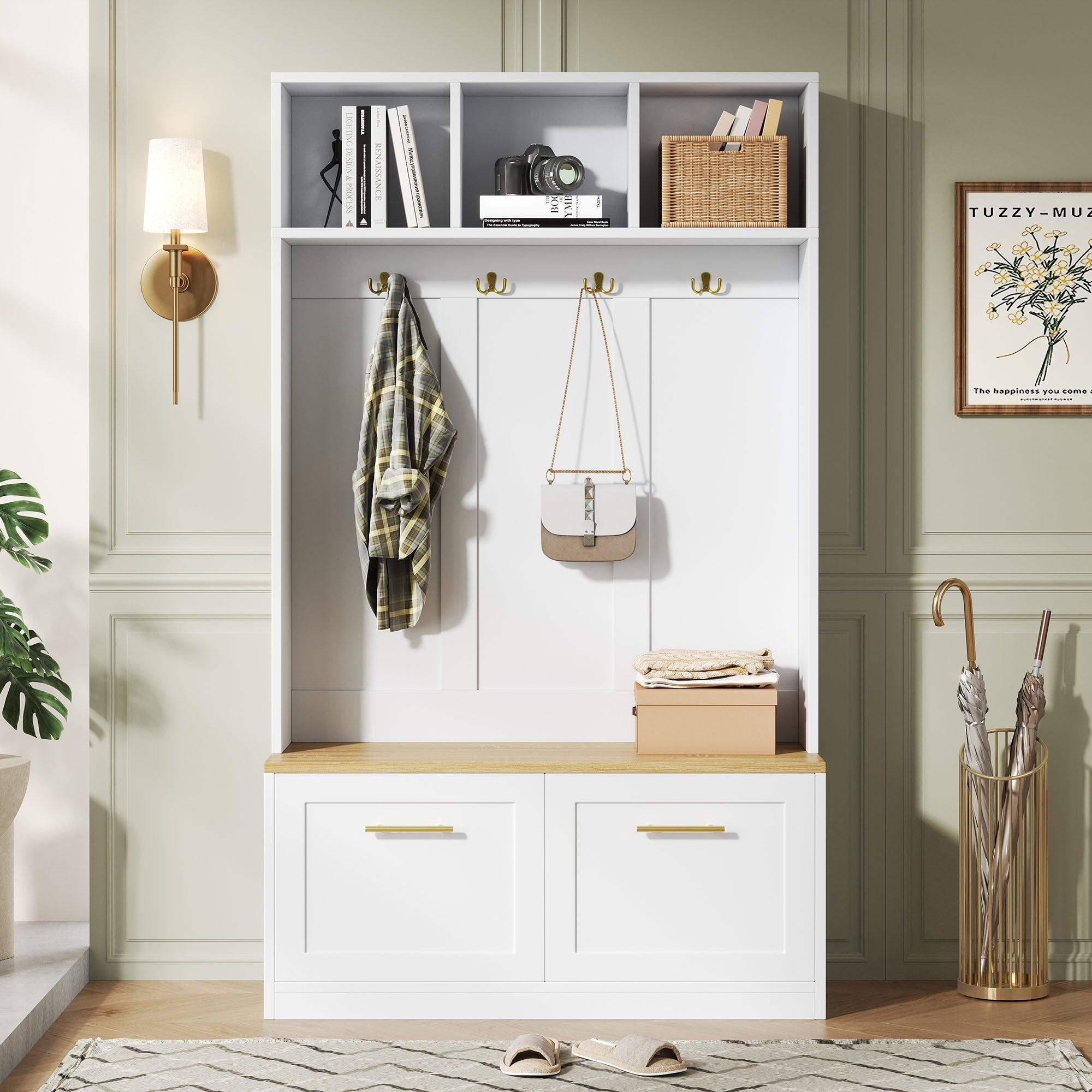 Wardrobe Set Compact Hallway Bench 2 Doors 4 Hooks natural & white