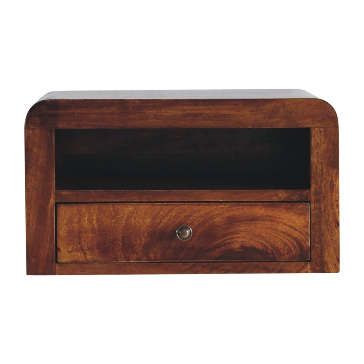 Solid Wood Nightstand, Chunky Wall Mounted 1 Drawer 1 Open-Shelf, Chestnut Brown