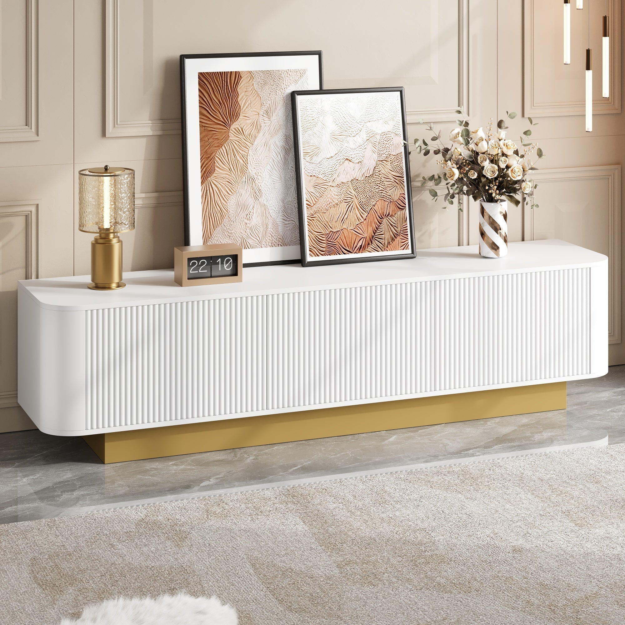 Modern TV Stand with Storage and Cable Management, Rounded Design, White