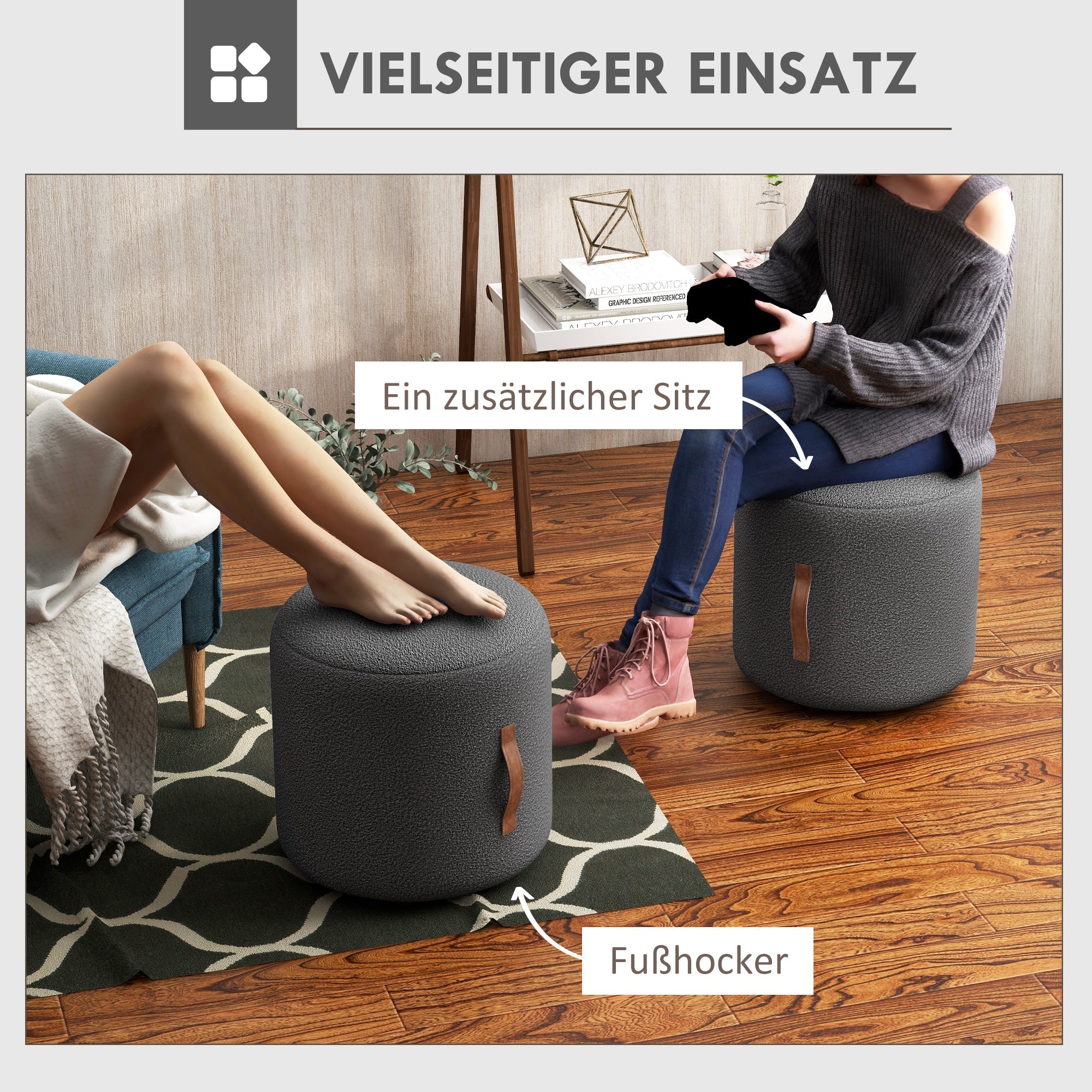 Round Ottoman/Stool Upholstered Footrest Handle Ø48x45cm, Dark Grey