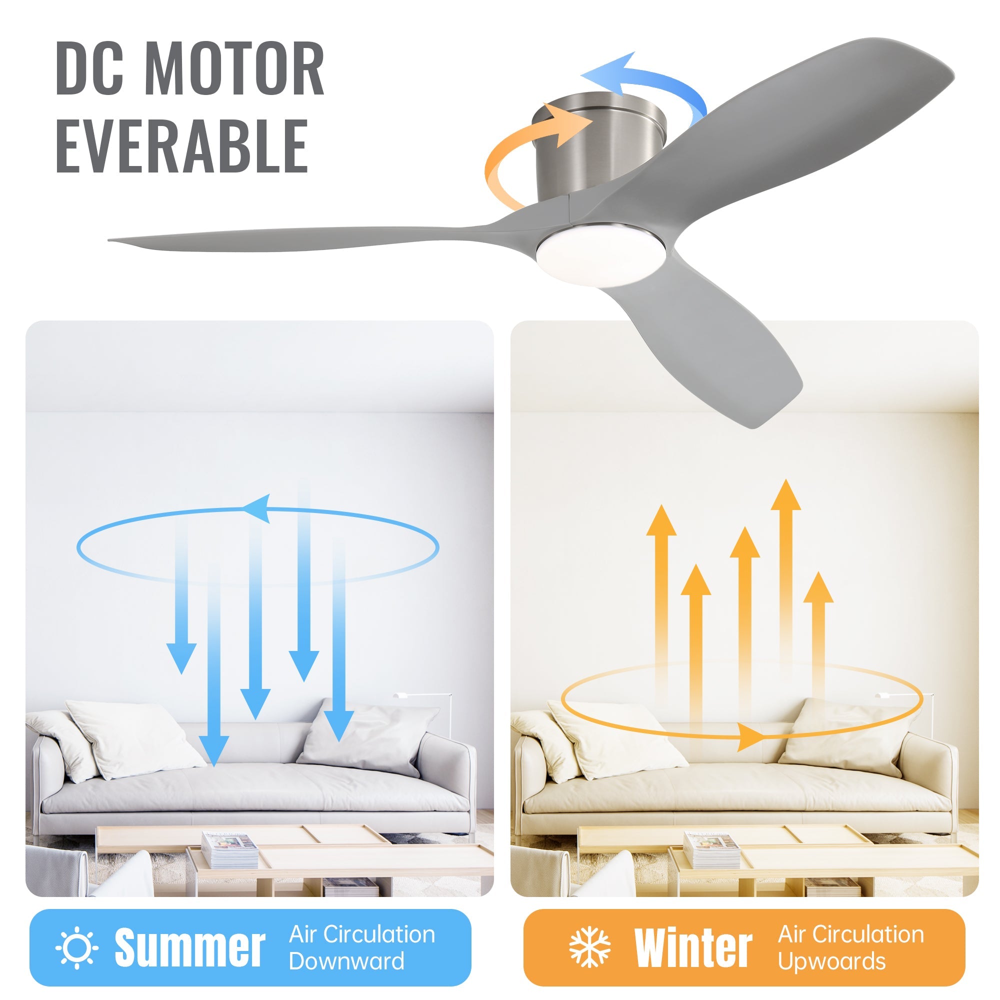 52" Ceiling Fan with LED Light, 18W DC Motor, 3-Color Dimming & Timer