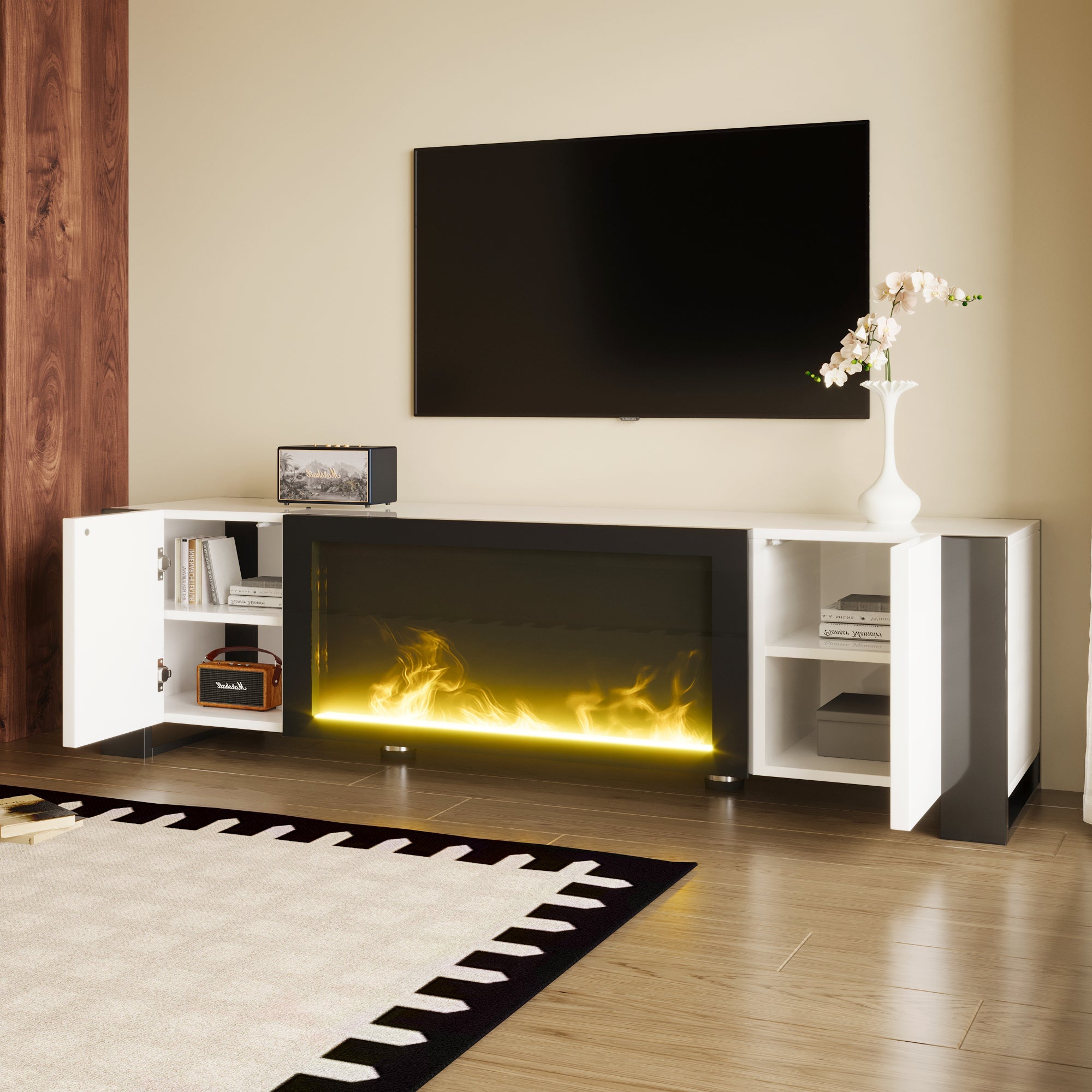 TV Cabinet, Lowboard Electric Fireplace High Gloss, White and Black